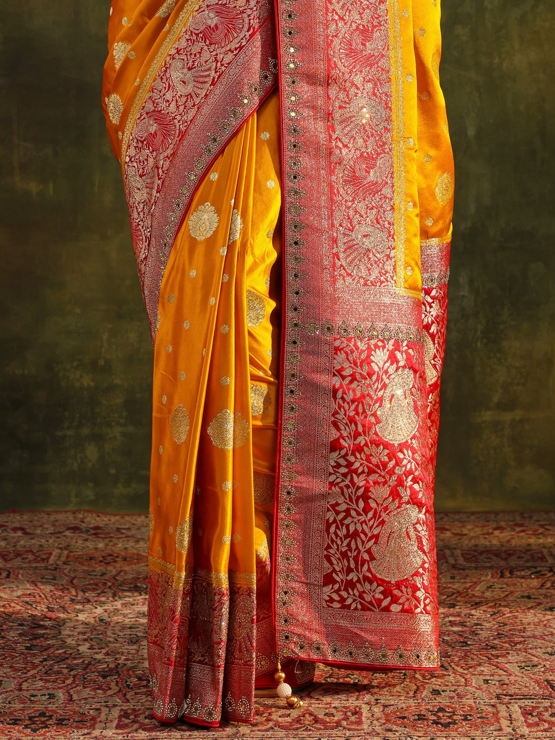Mameraa Mustard Woven Design Satin Banarasi Saree With Unstitched Blouse Piece