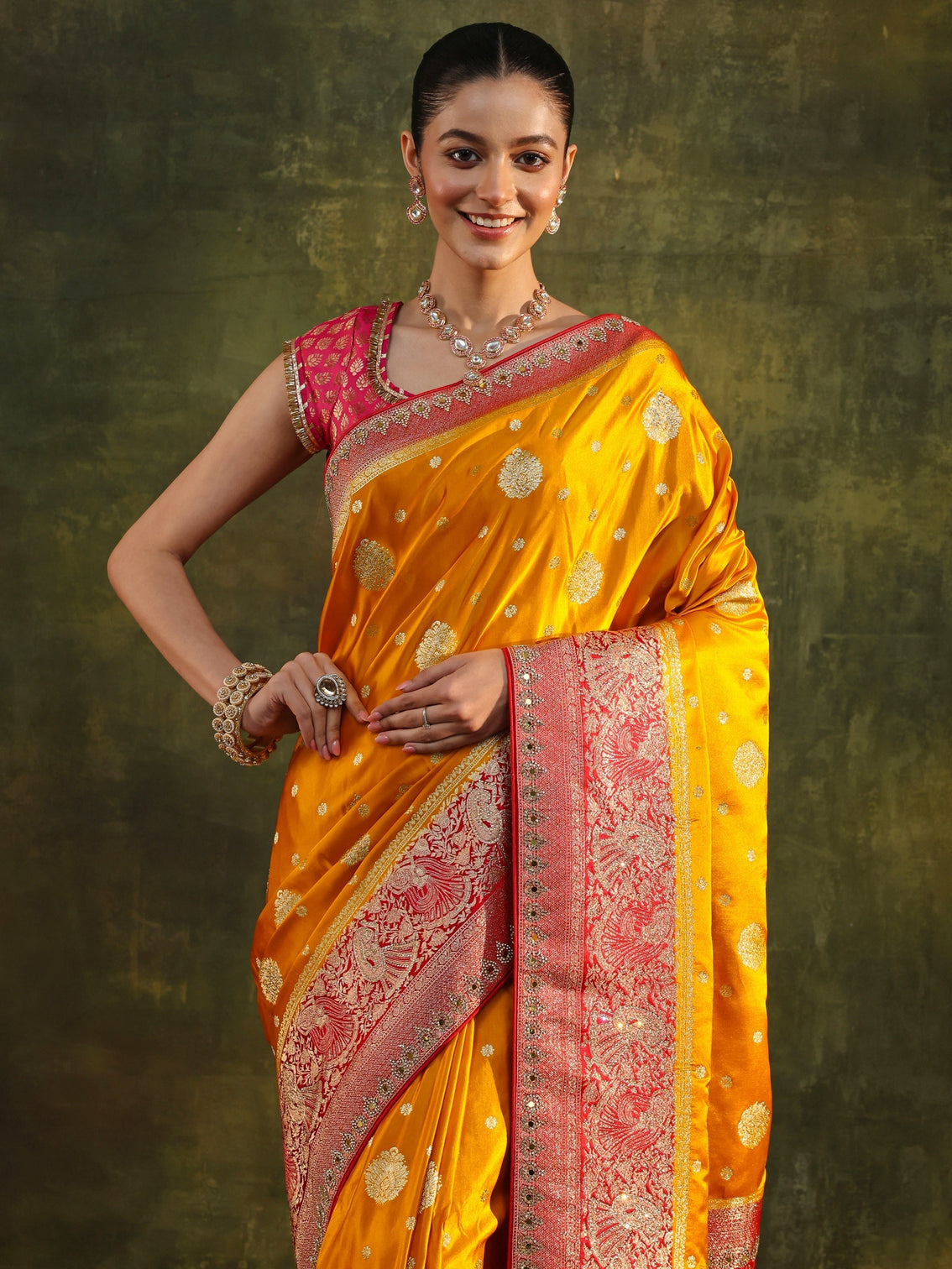 Mameraa Mustard Woven Design Satin Banarasi Saree With Unstitched Blouse Piece