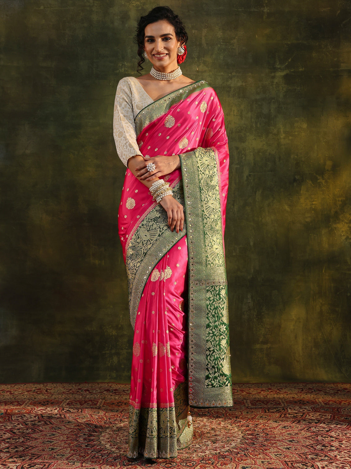 Mameraa Pink Woven Design Satin Banarasi Saree With Unstitched Blouse Piece
