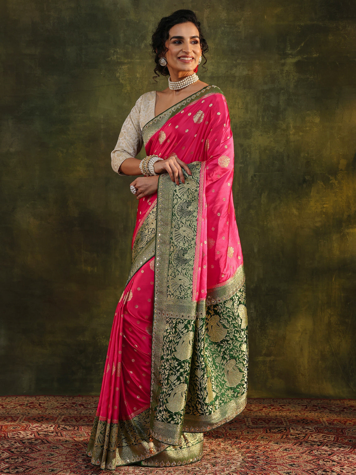 Mameraa Pink Woven Design Satin Banarasi Saree With Unstitched Blouse Piece