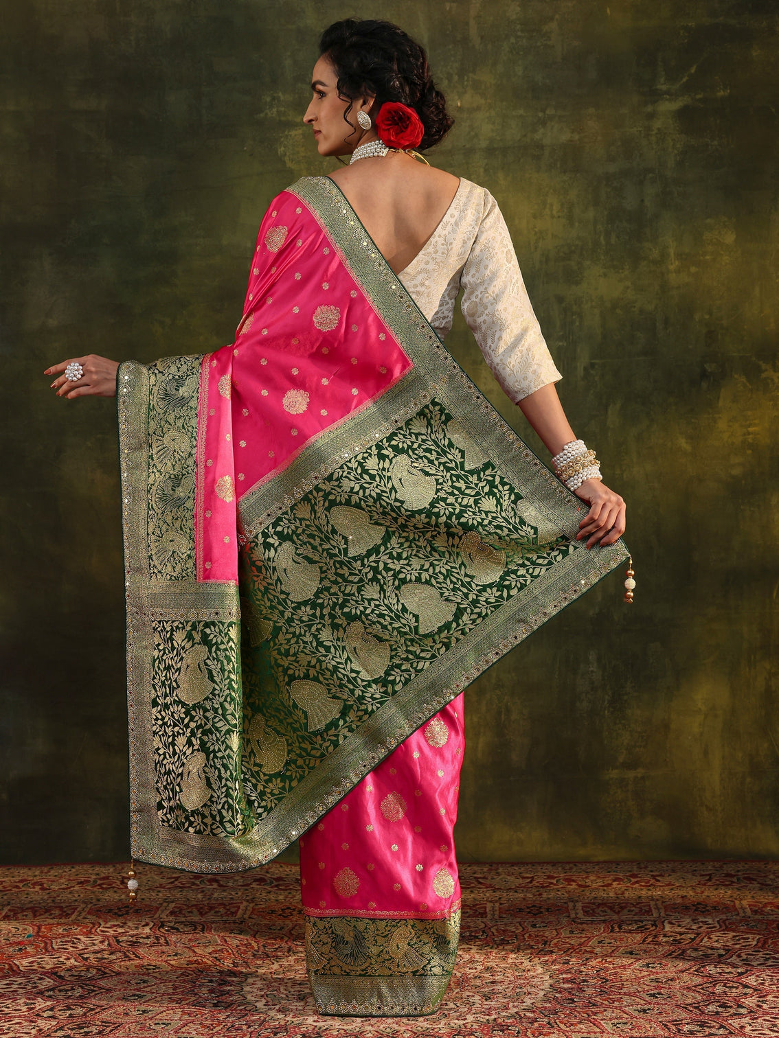 Mameraa Pink Woven Design Satin Banarasi Saree With Unstitched Blouse Piece