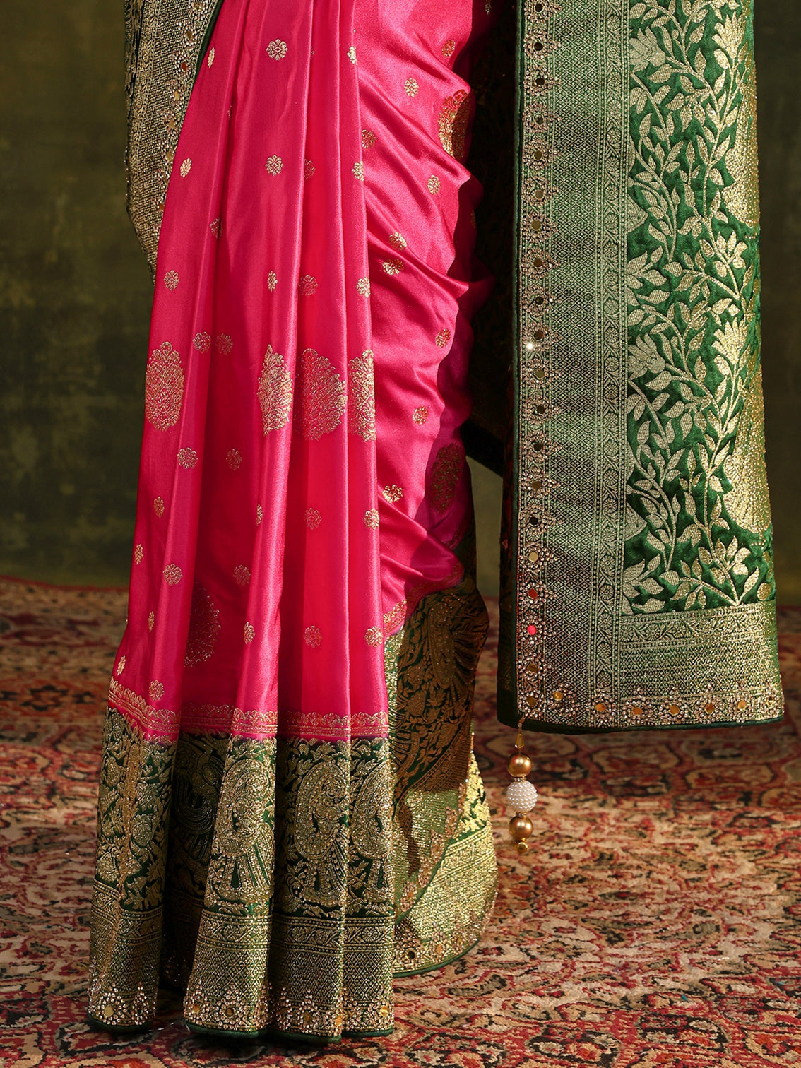 Mameraa Pink Woven Design Satin Banarasi Saree With Unstitched Blouse Piece