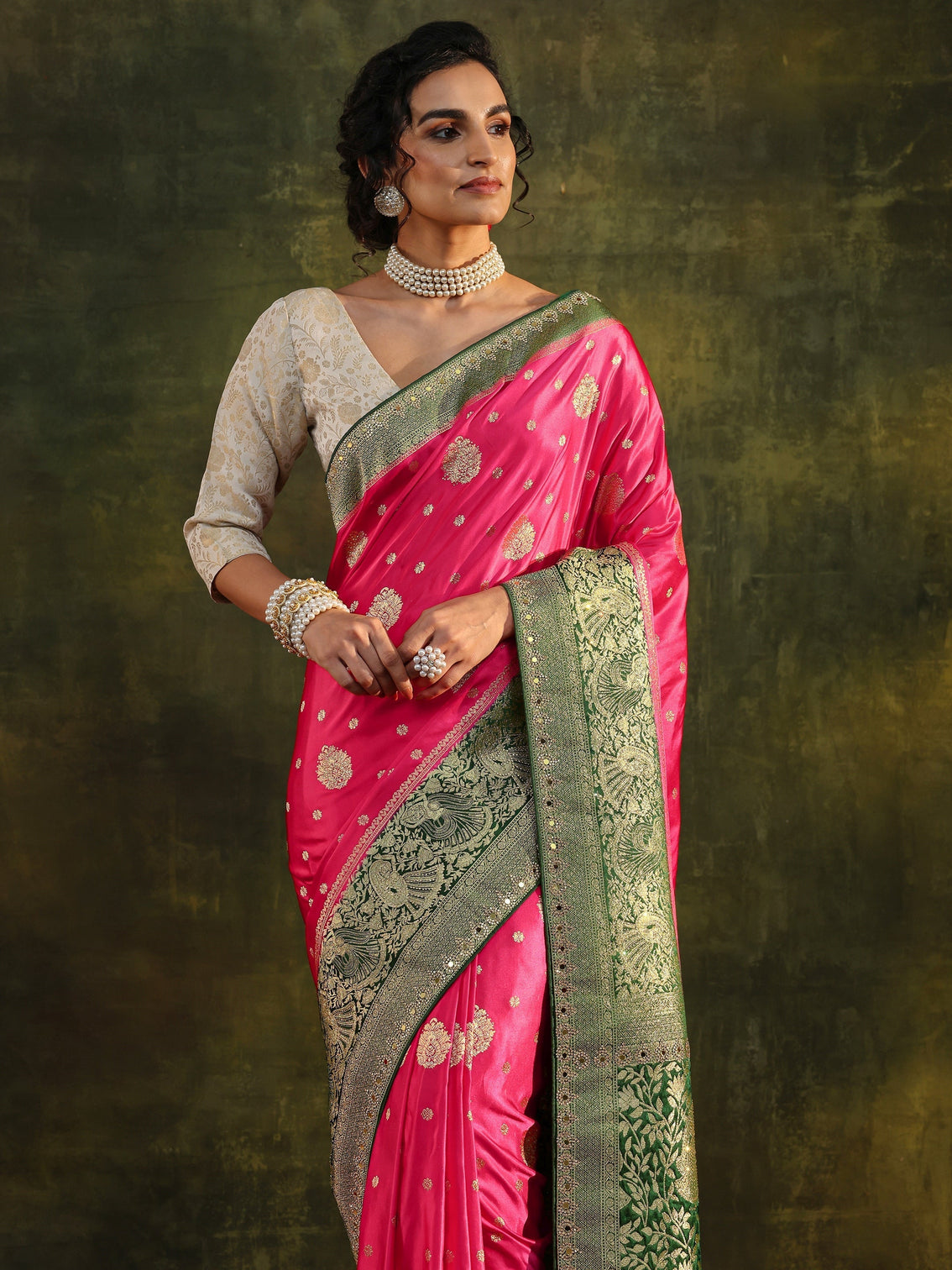 Mameraa Pink Woven Design Satin Banarasi Saree With Unstitched Blouse Piece