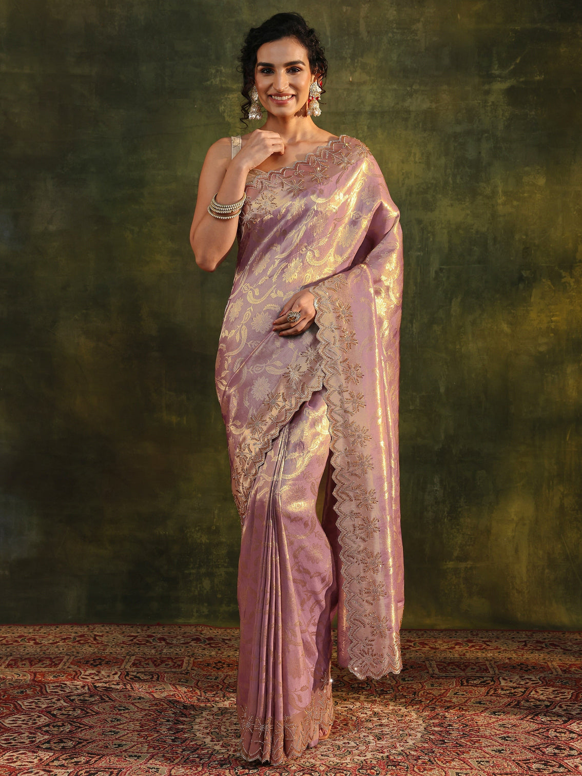 Mameraa Purple Floral Embellished Silk Saree With Unstitched Blouse Piece