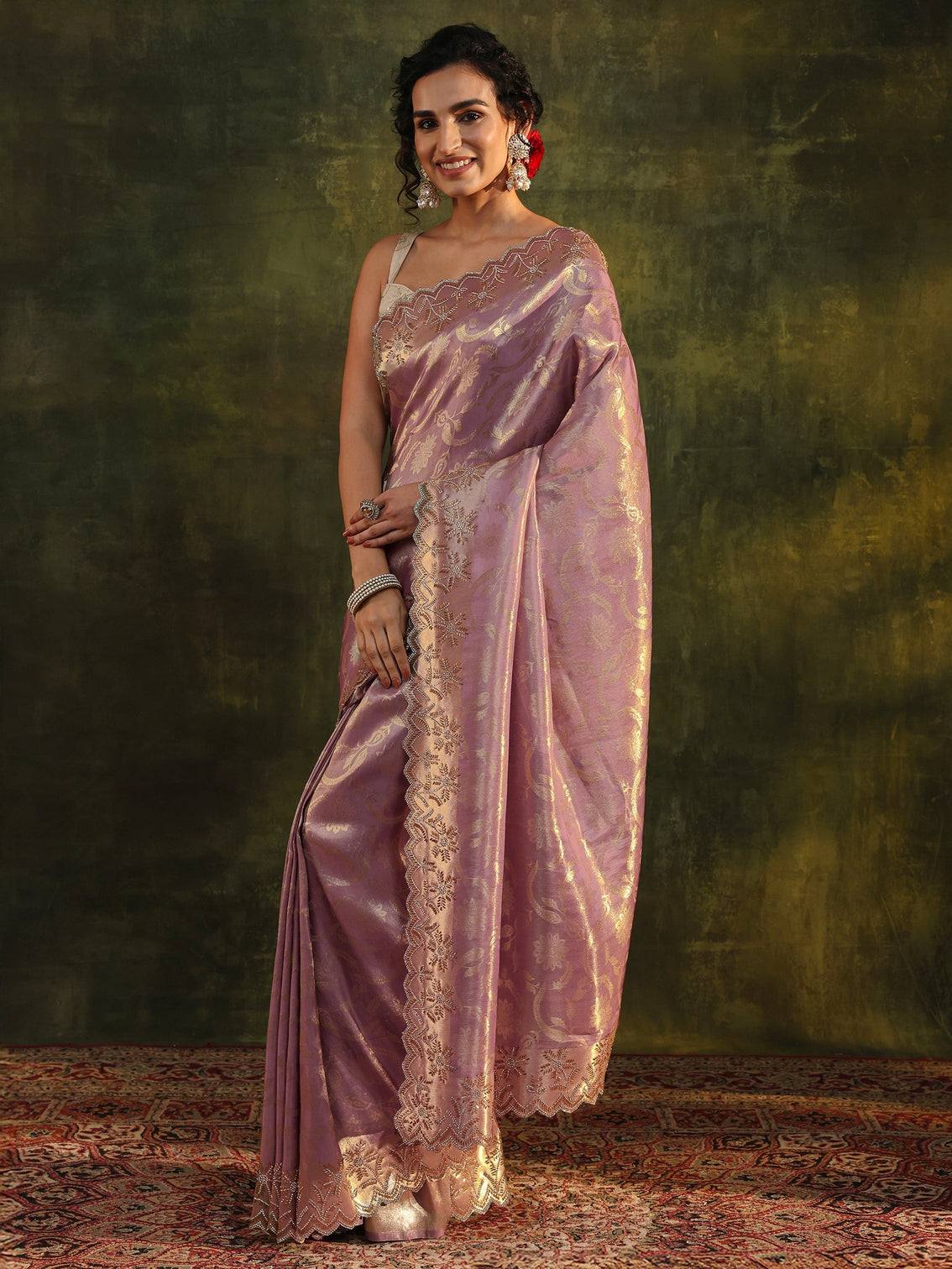 Mameraa Purple Floral Embellished Silk Saree With Unstitched Blouse Piece