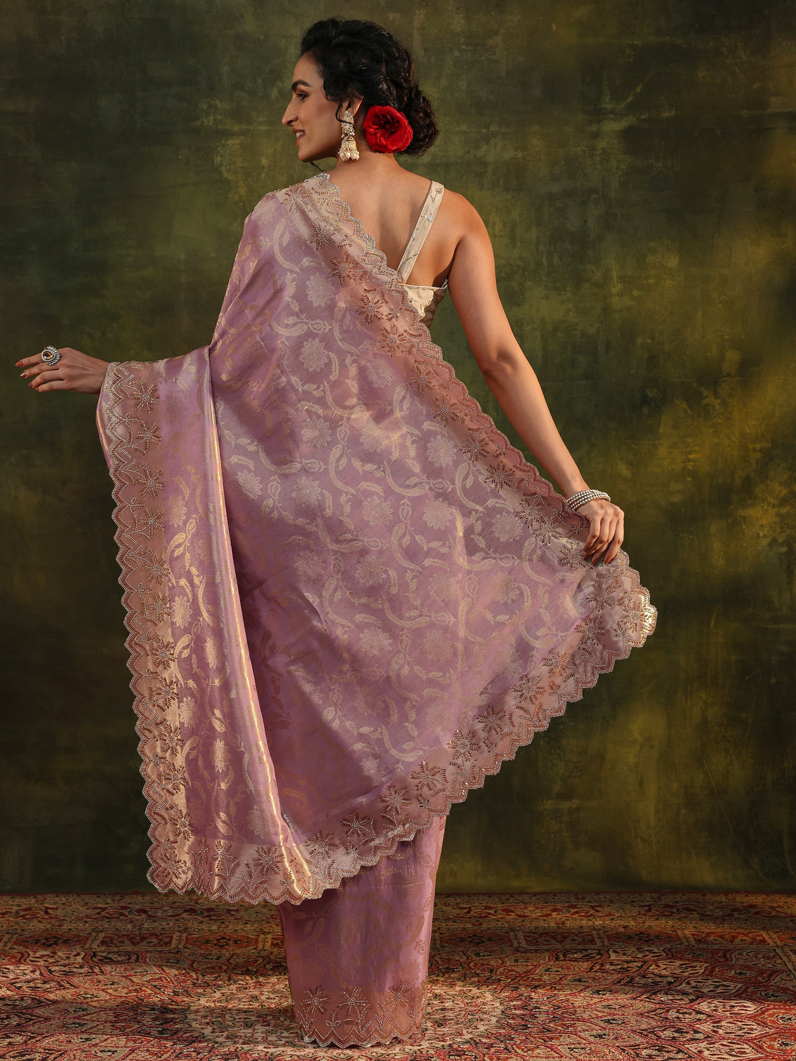Mameraa Purple Floral Embellished Silk Saree With Unstitched Blouse Piece