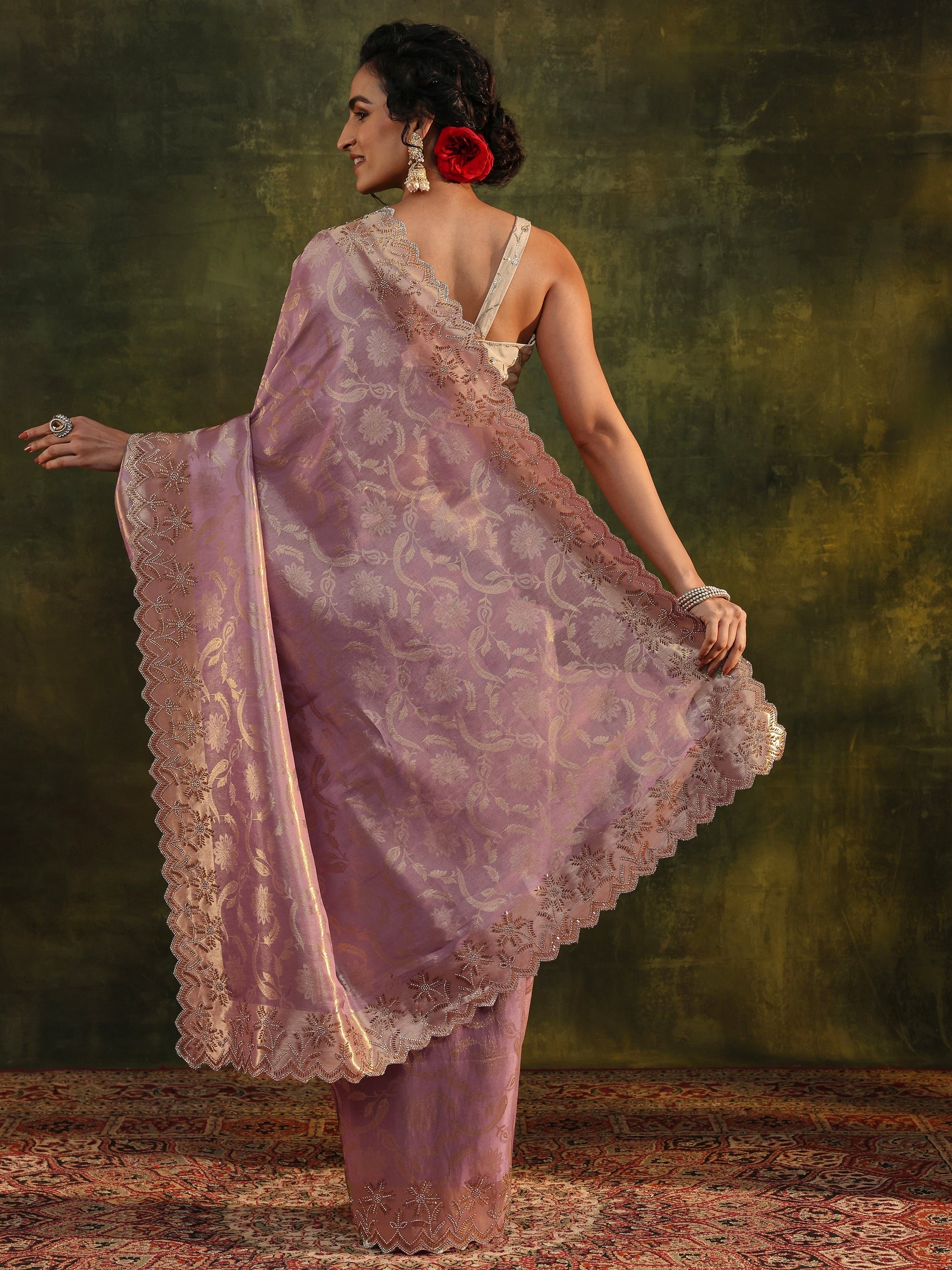 Libas Purple Floral Embellished Silk Saree With Unstitched Blouse Piece