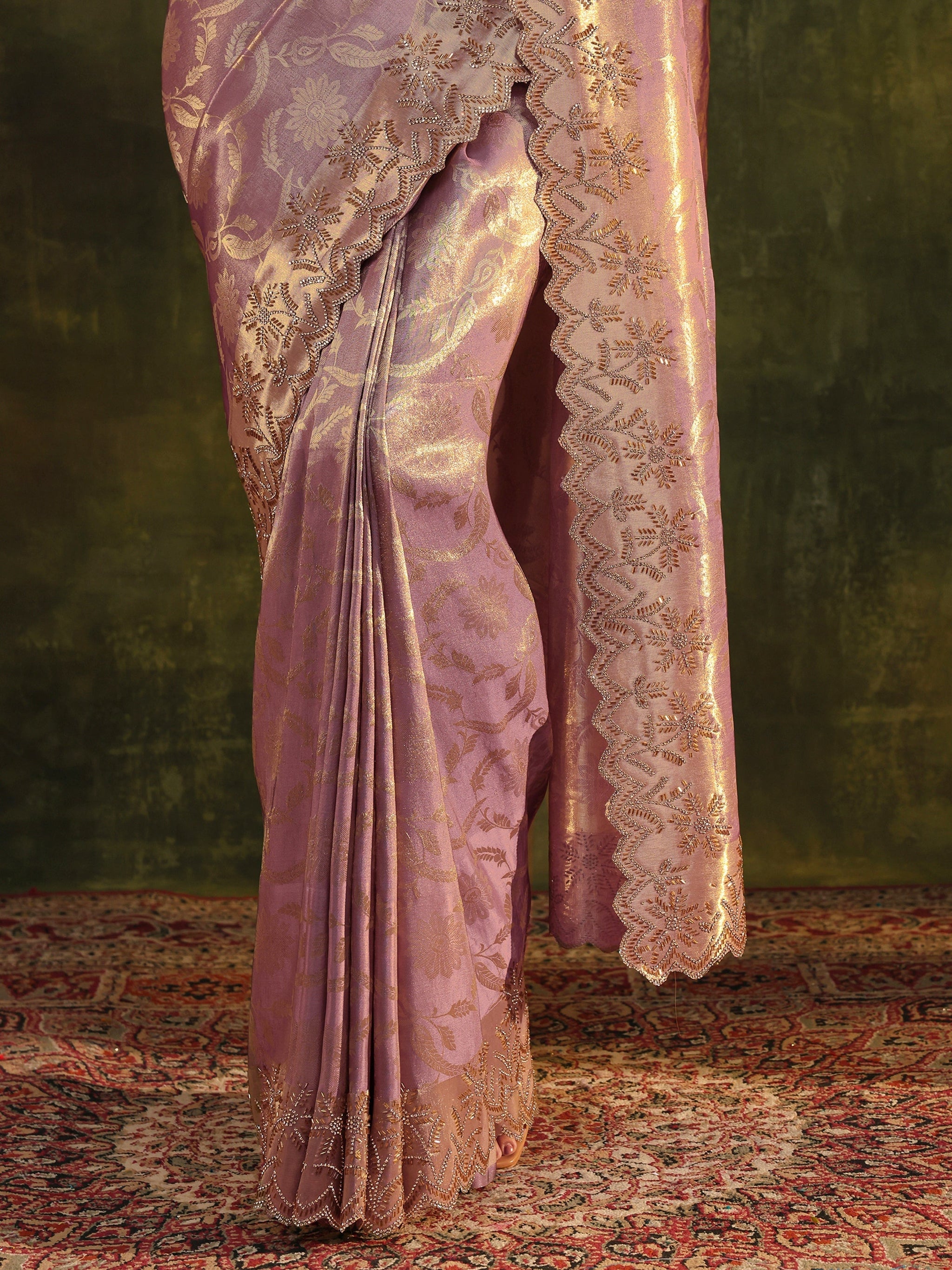 Libas Purple Floral Embellished Silk Saree With Unstitched Blouse Piece