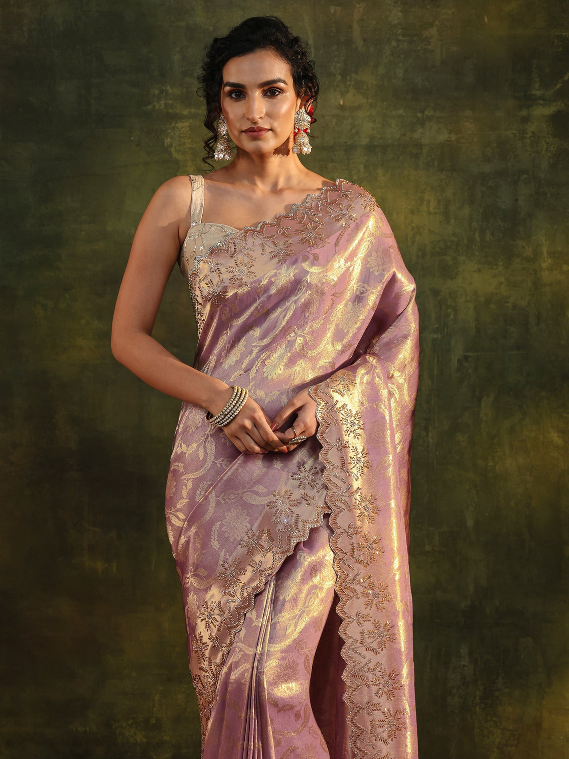 Mameraa Purple Floral Embellished Silk Saree With Unstitched Blouse Piece