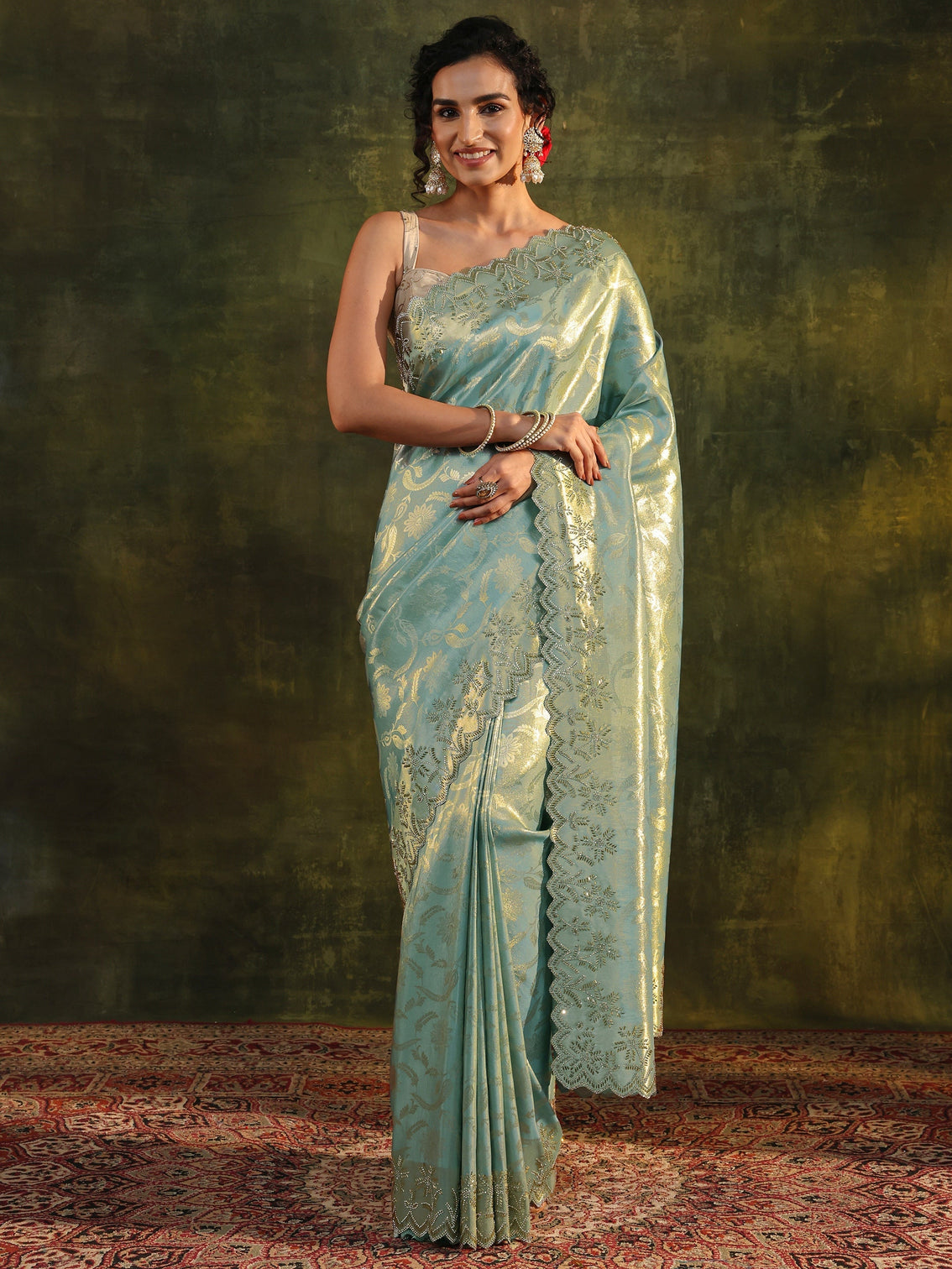 Mameraa Blue Floral Embellished Silk Saree With Unstitched Blouse Piece