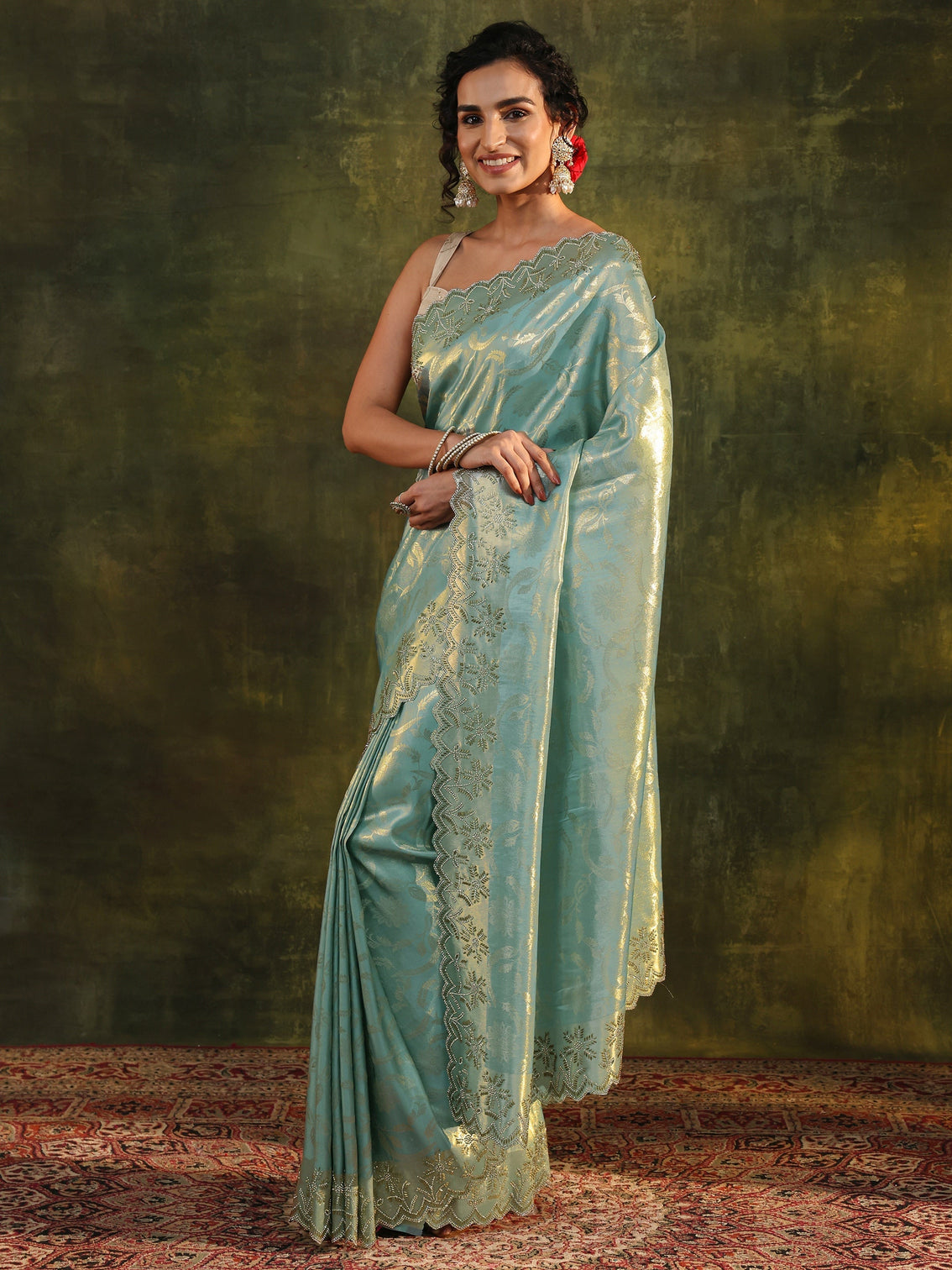 Mameraa Blue Floral Embellished Silk Saree With Unstitched Blouse Piece