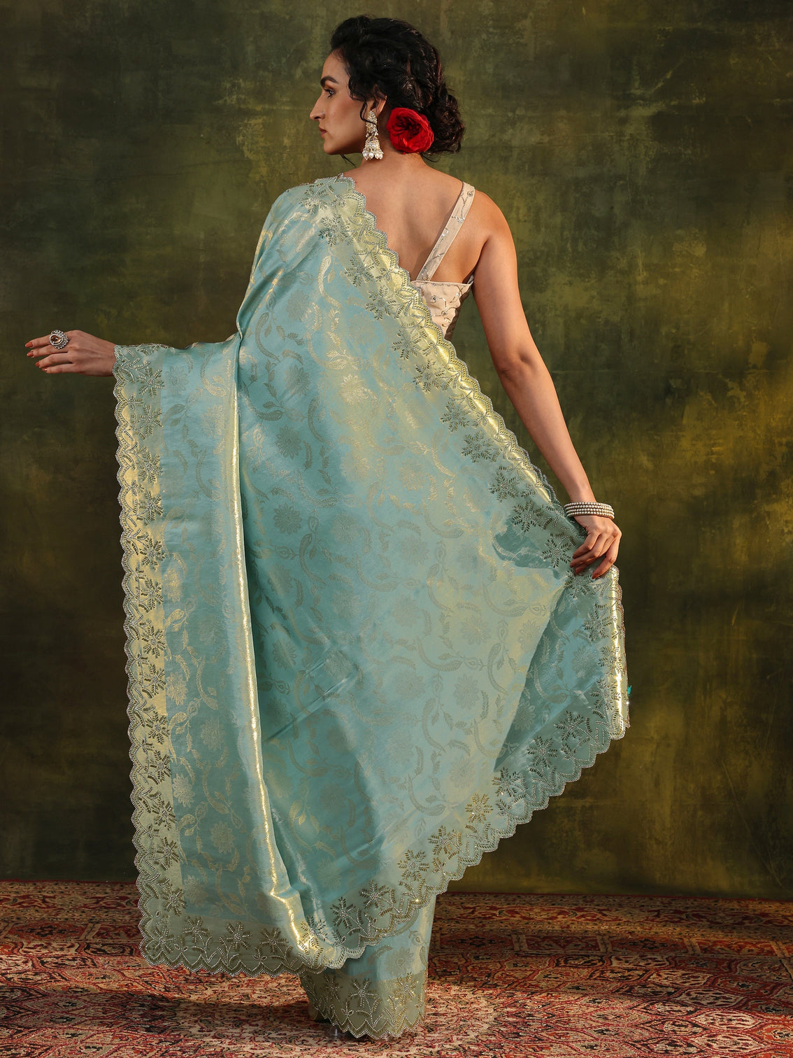 Mameraa Blue Floral Embellished Silk Saree With Unstitched Blouse Piece
