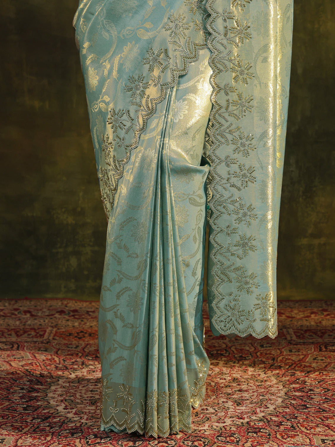 Mameraa Blue Floral Embellished Silk Saree With Unstitched Blouse Piece
