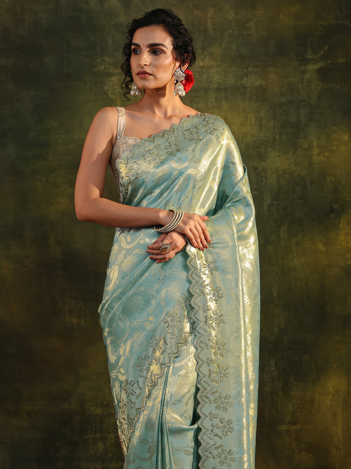 Mameraa Blue Floral Embellished Silk Saree With Unstitched Blouse Piece