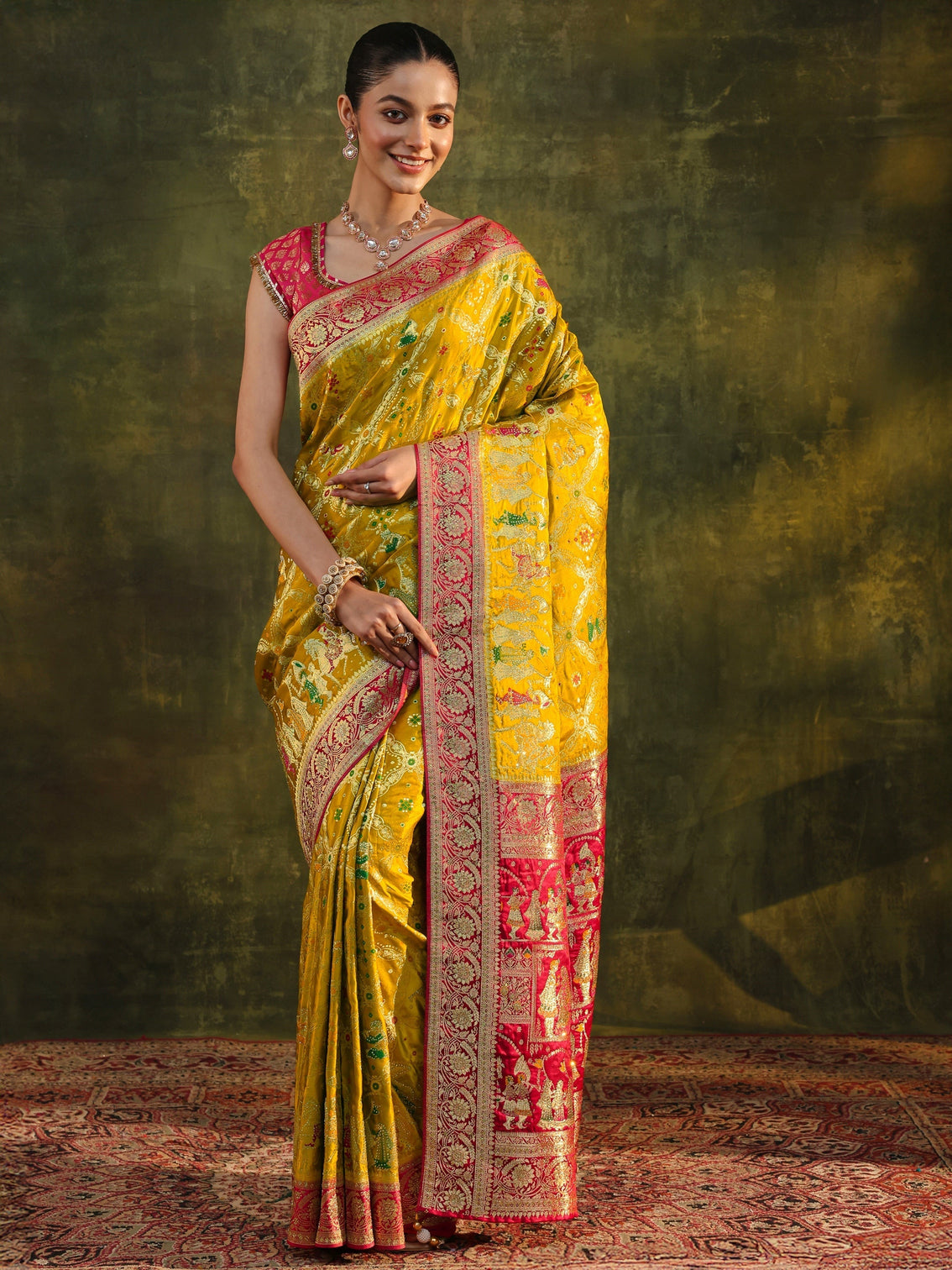 Mameraa Art Mustard Gharchola Woven Design Satin Saree With Unstitched Blouse Piece