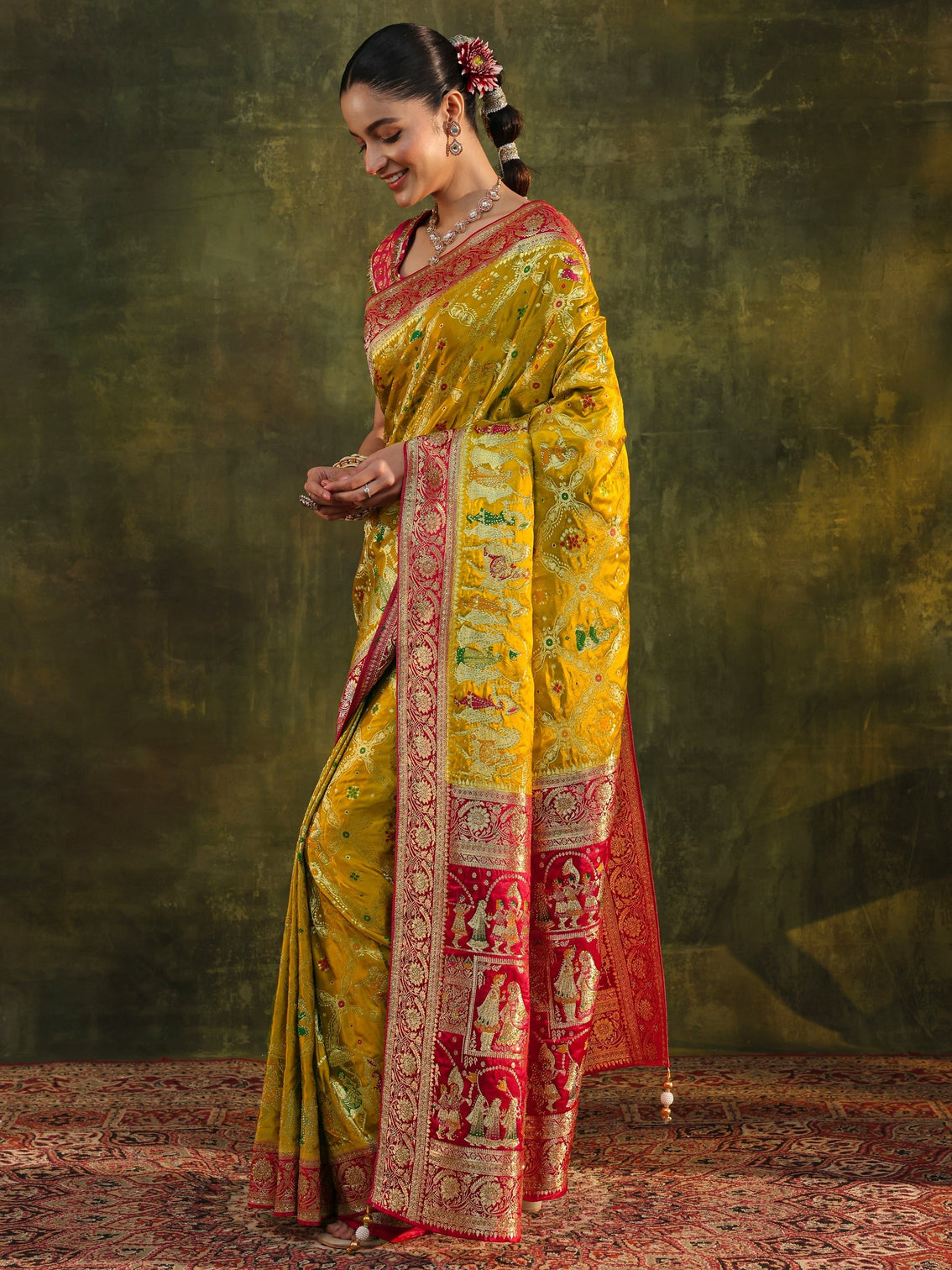 Mameraa Art Mustard Gharchola Woven Design Satin Saree With Unstitched Blouse Piece