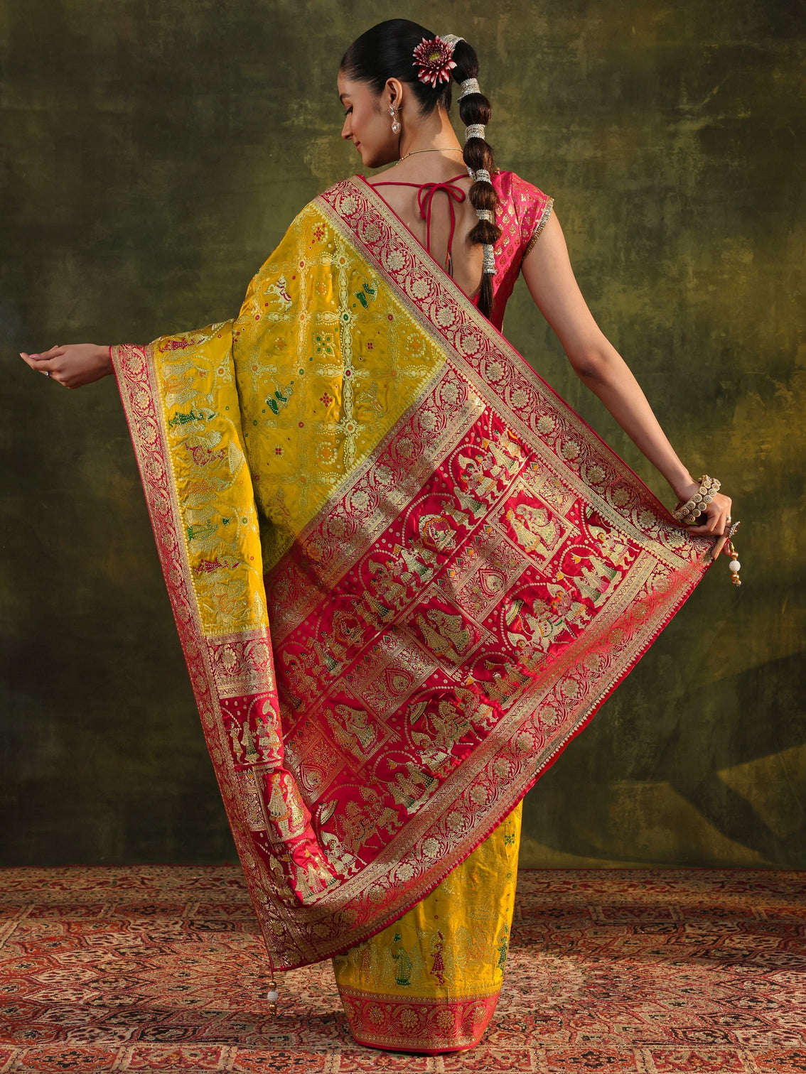 Mameraa Art Mustard Gharchola Woven Design Satin Saree With Unstitched Blouse Piece