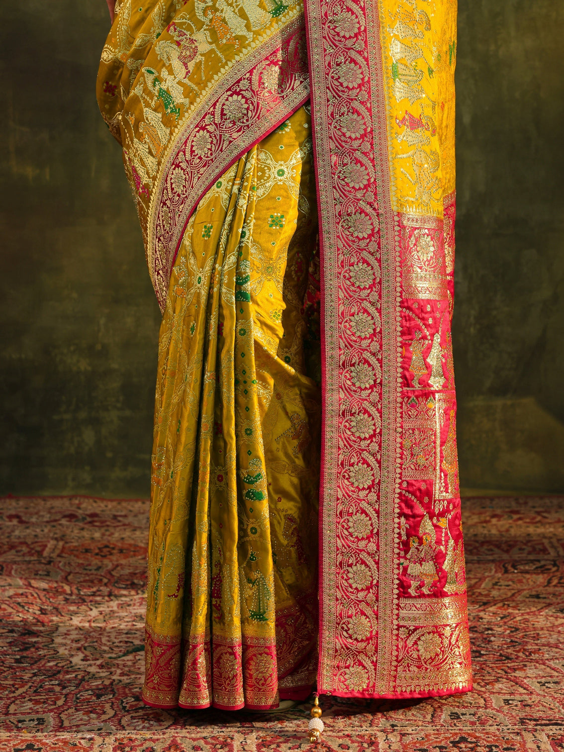 Mameraa Art Mustard Gharchola Woven Design Satin Saree With Unstitched Blouse Piece