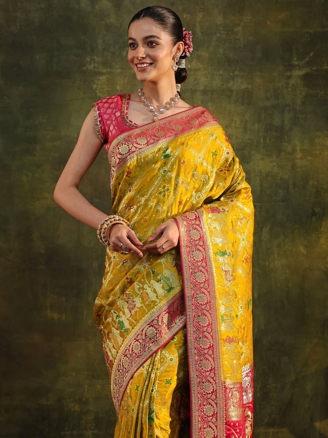 Mameraa Art Mustard Gharchola Woven Design Satin Saree With Unstitched Blouse Piece