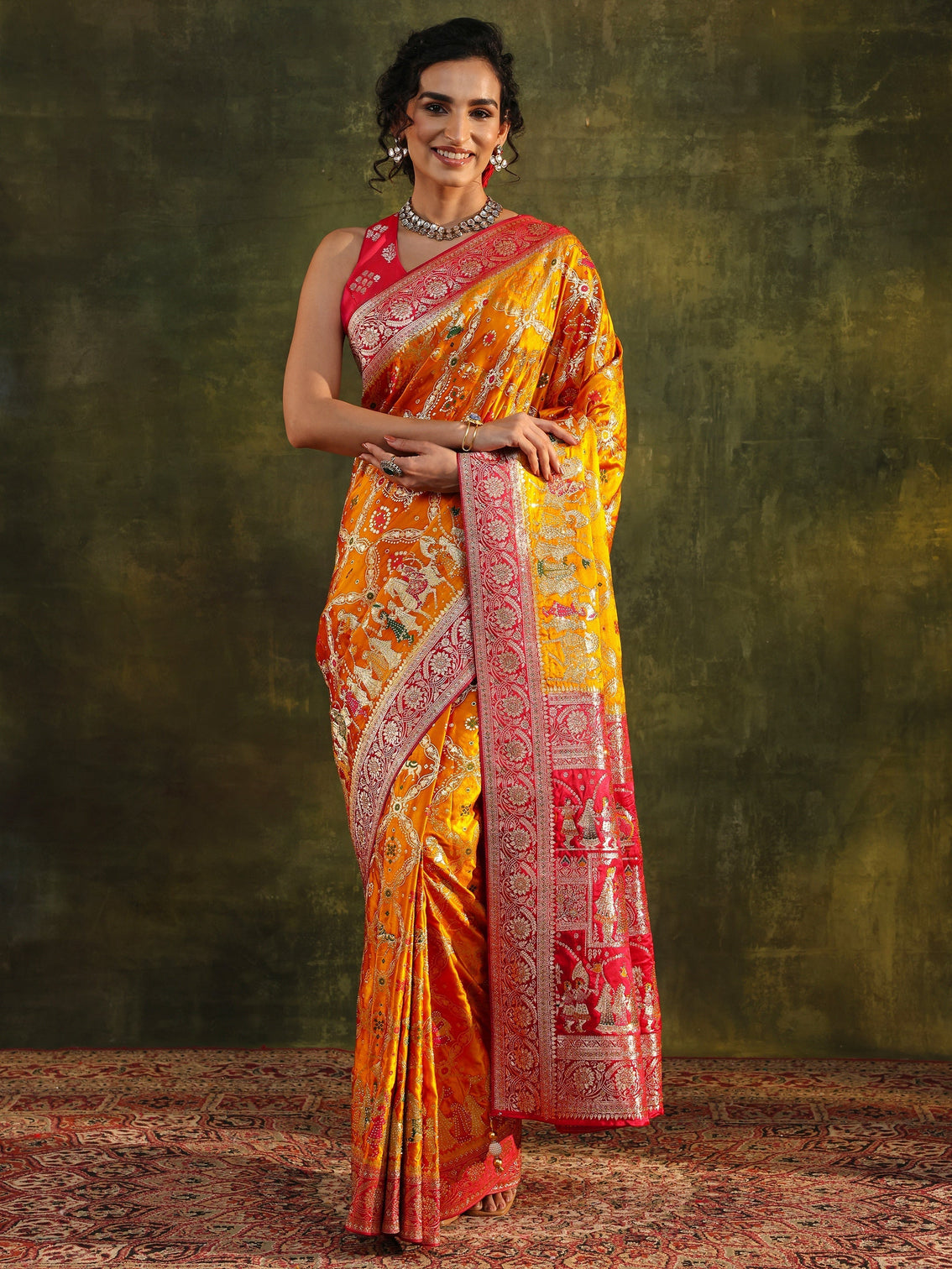 Mameraa Art Mustard Gharchola Woven Design Satin Saree With Unstitched Blouse Piece