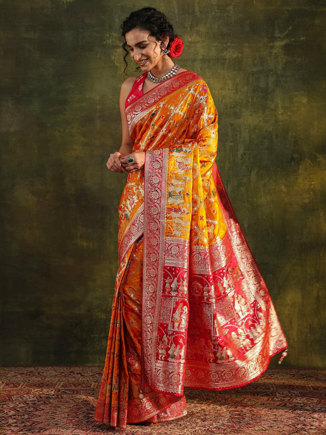 Mameraa Art Mustard Gharchola Woven Design Satin Saree With Unstitched Blouse Piece
