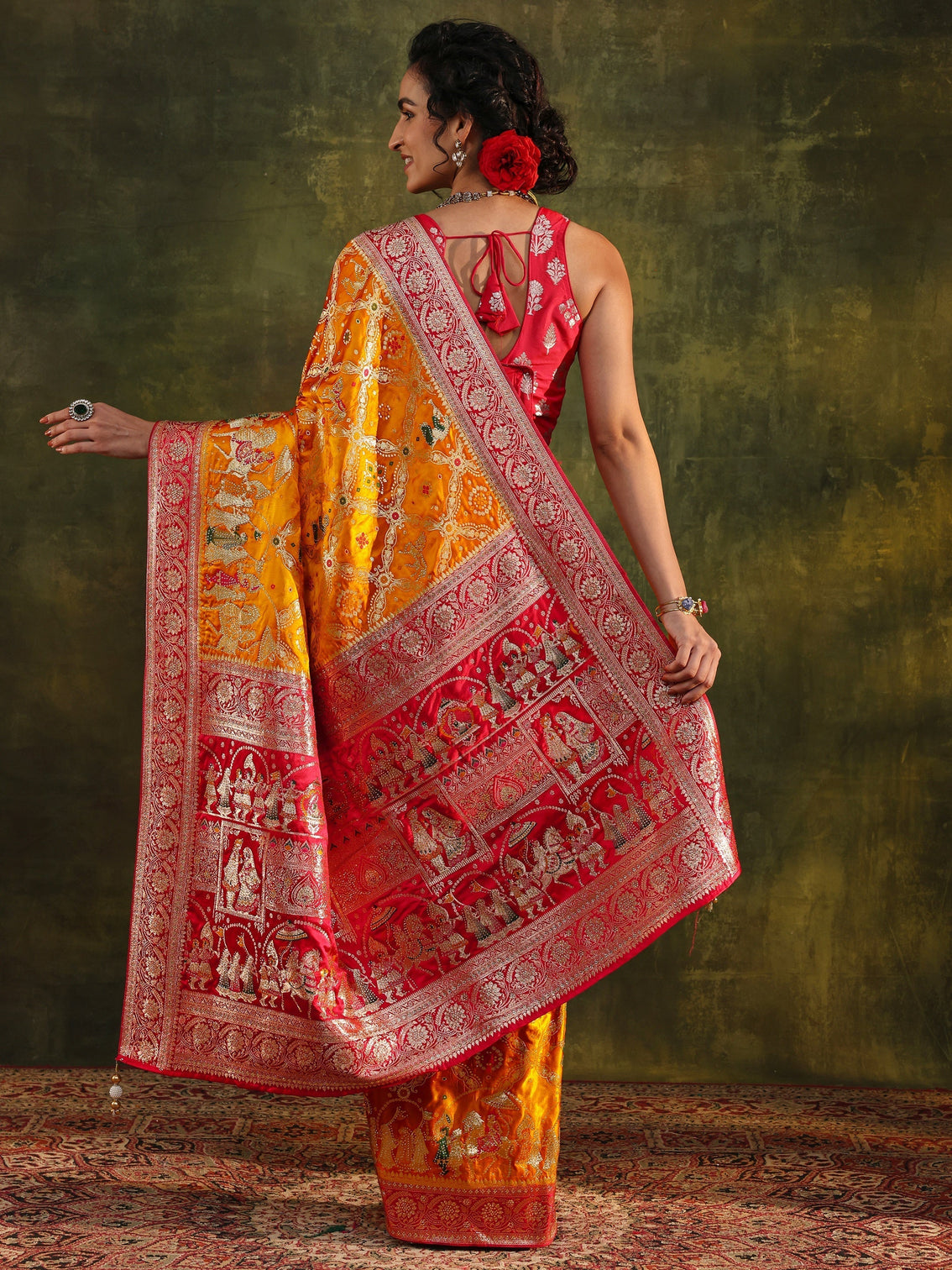 Mameraa Art Mustard Gharchola Woven Design Satin Saree With Unstitched Blouse Piece