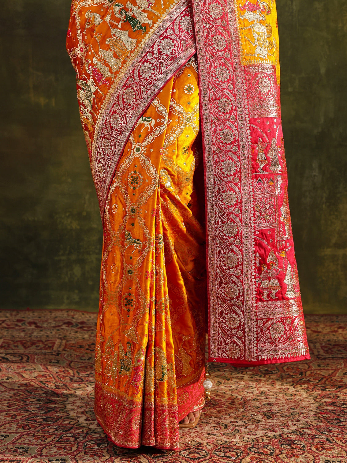 Mameraa Art Mustard Gharchola Woven Design Satin Saree With Unstitched Blouse Piece