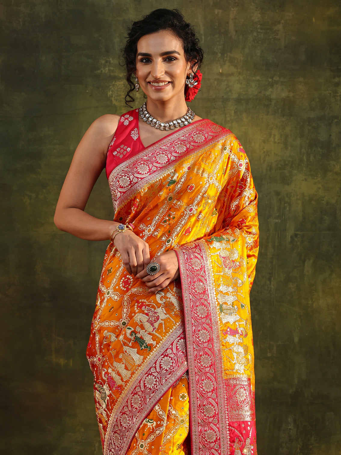 Mameraa Art Mustard Gharchola Woven Design Satin Saree With Unstitched Blouse Piece