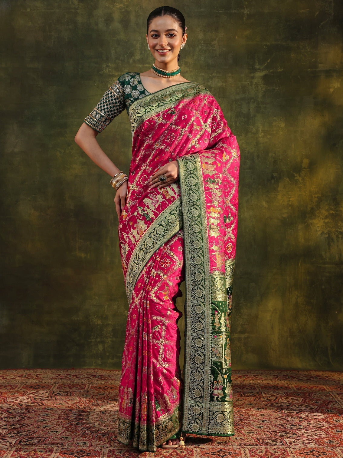 Mameraa Art Pink Gharchola Woven Design Satin Saree With Unstitched Blouse Piece