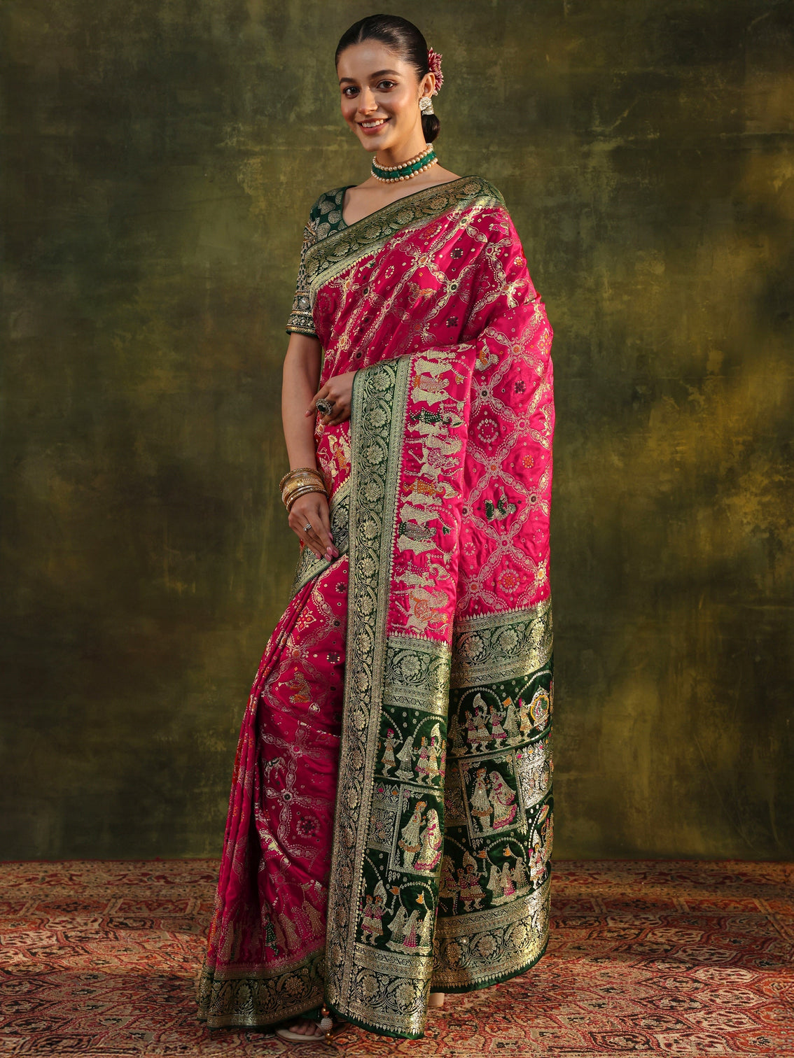 Mameraa Art Pink Gharchola Woven Design Satin Saree With Unstitched Blouse Piece
