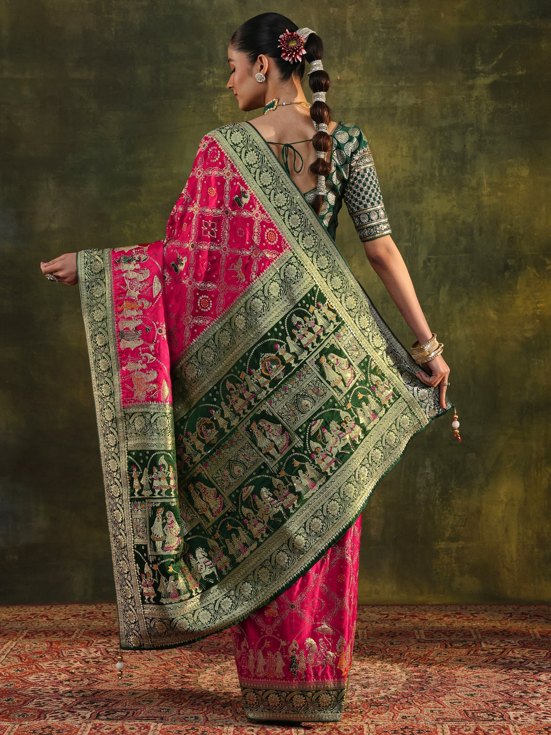 Mameraa Art Pink Gharchola Woven Design Satin Saree With Unstitched Blouse Piece