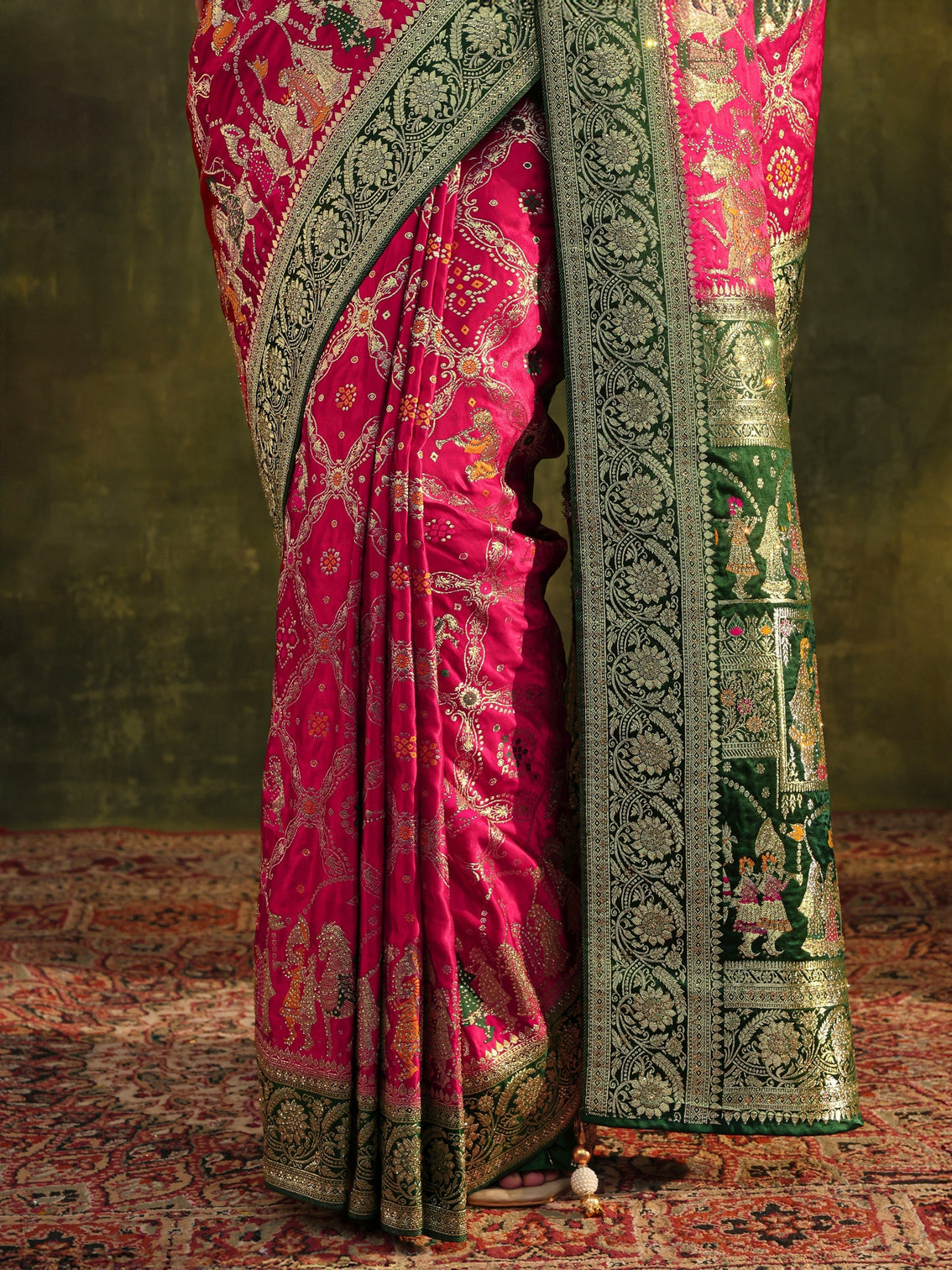 Mameraa Art Pink Gharchola Woven Design Satin Saree With Unstitched Blouse Piece