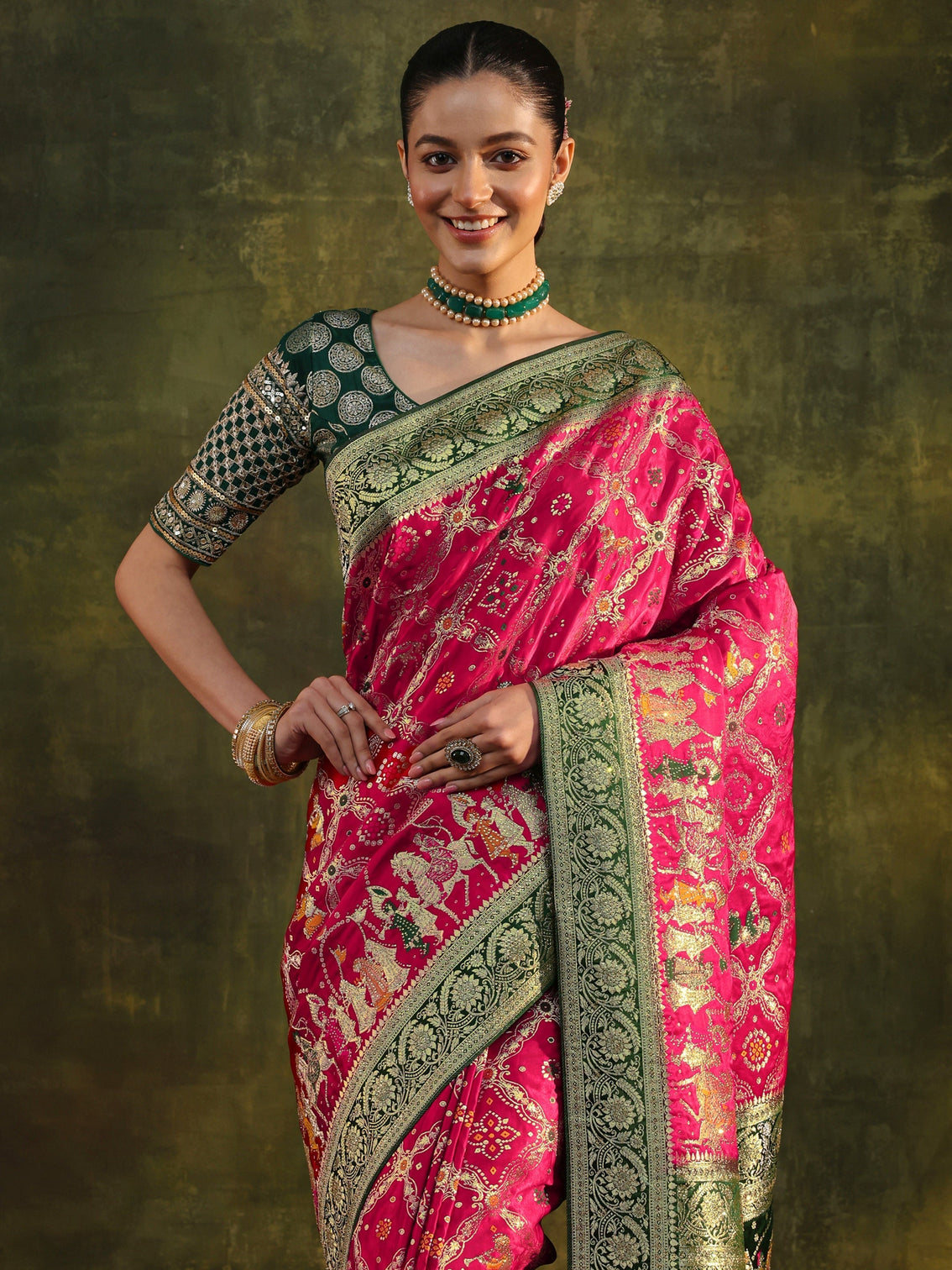 Mameraa Art Pink Gharchola Woven Design Satin Saree With Unstitched Blouse Piece