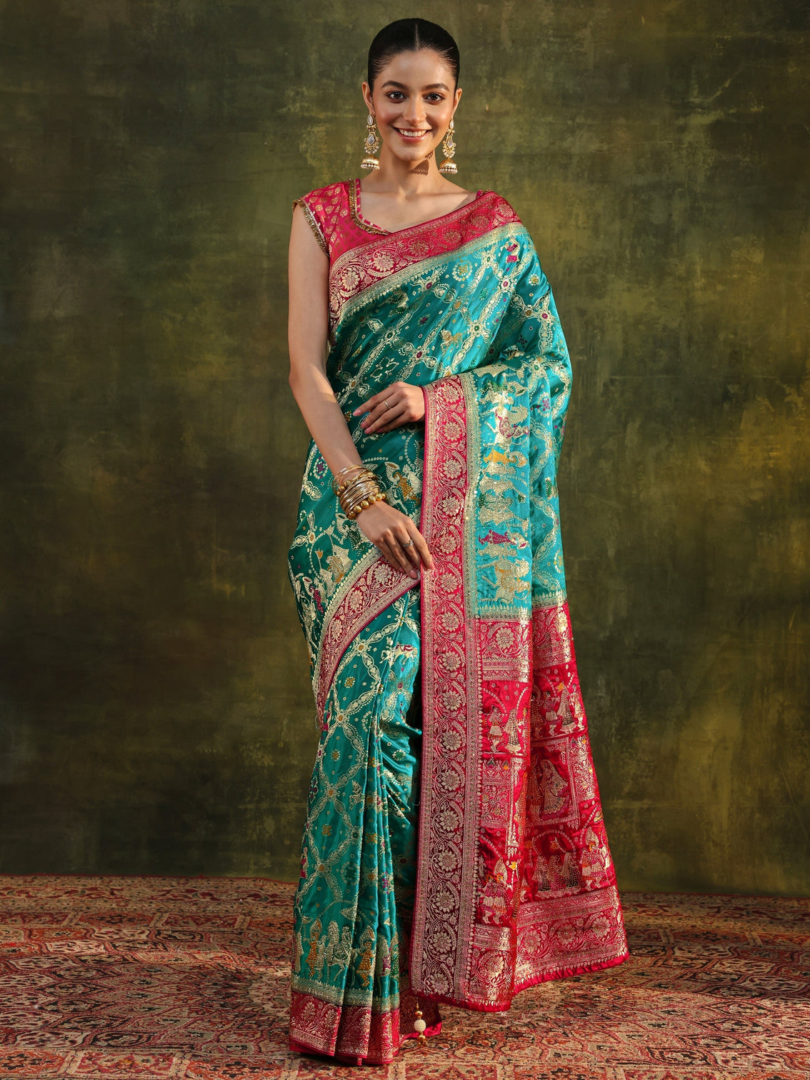 Mameraa Art Blue Gharchola Woven Design Satin Saree With Unstitched Blouse Piece