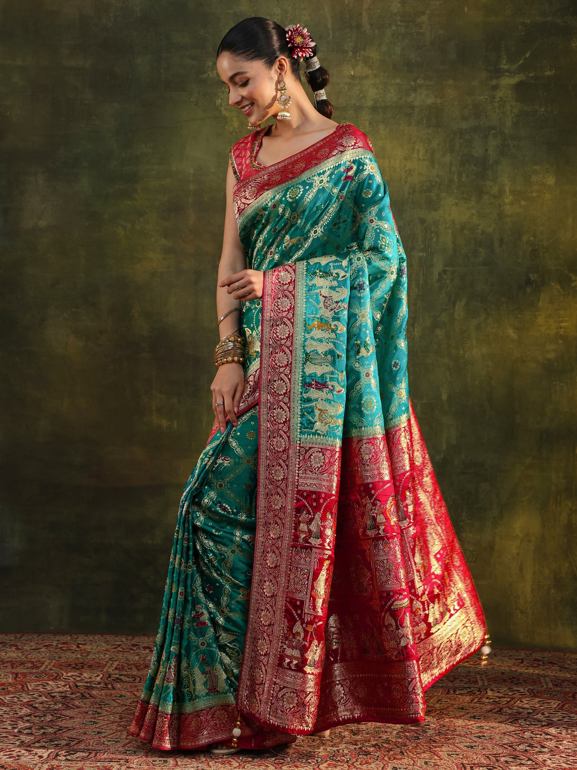 Mameraa Art Blue Gharchola Woven Design Satin Saree With Unstitched Blouse Piece