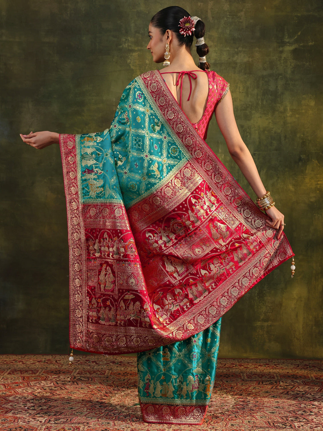 Mameraa Art Blue Gharchola Woven Design Satin Saree With Unstitched Blouse Piece