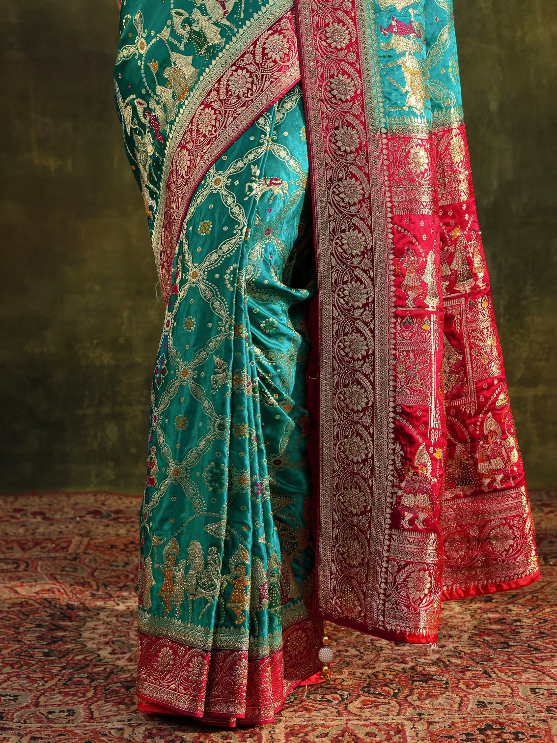 Mameraa Art Blue Gharchola Woven Design Satin Saree With Unstitched Blouse Piece