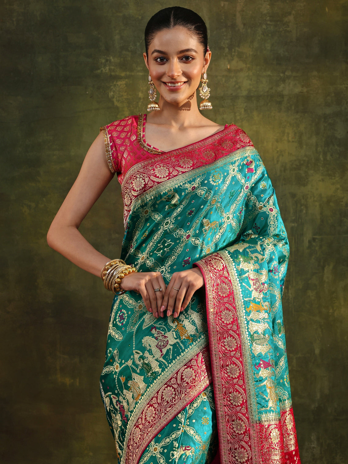 Mameraa Art Blue Gharchola Woven Design Satin Saree With Unstitched Blouse Piece