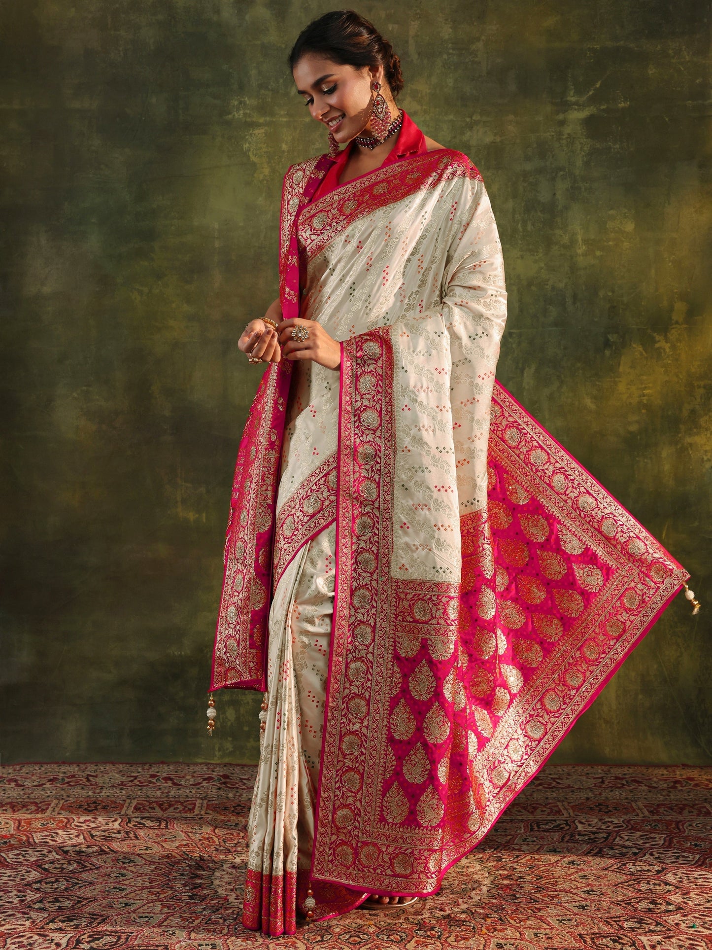 Libas Art Ivory Gharchola Satin Saree With Unstitched Blouse Piece