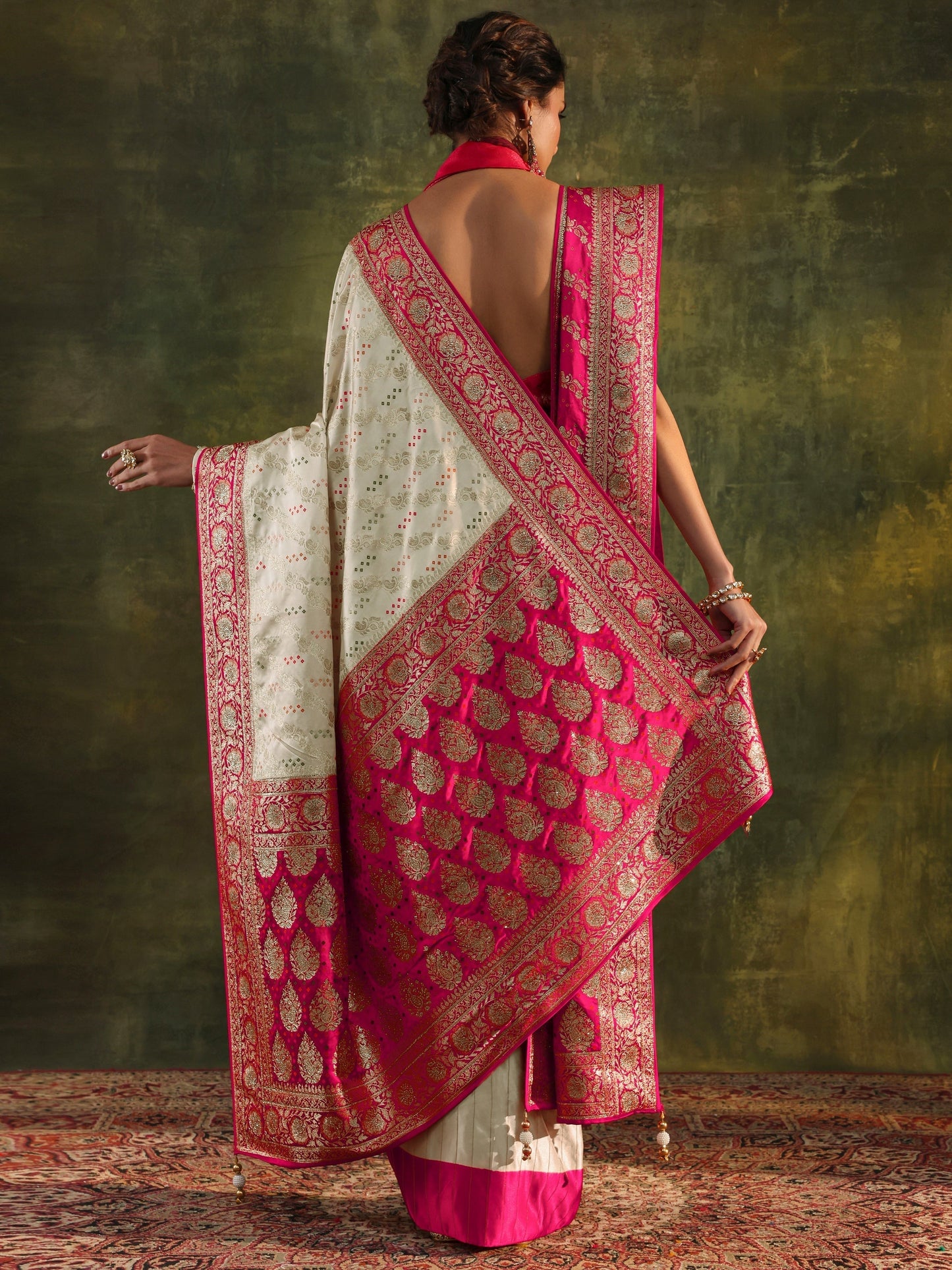 Libas Art Ivory Gharchola Satin Saree With Unstitched Blouse Piece