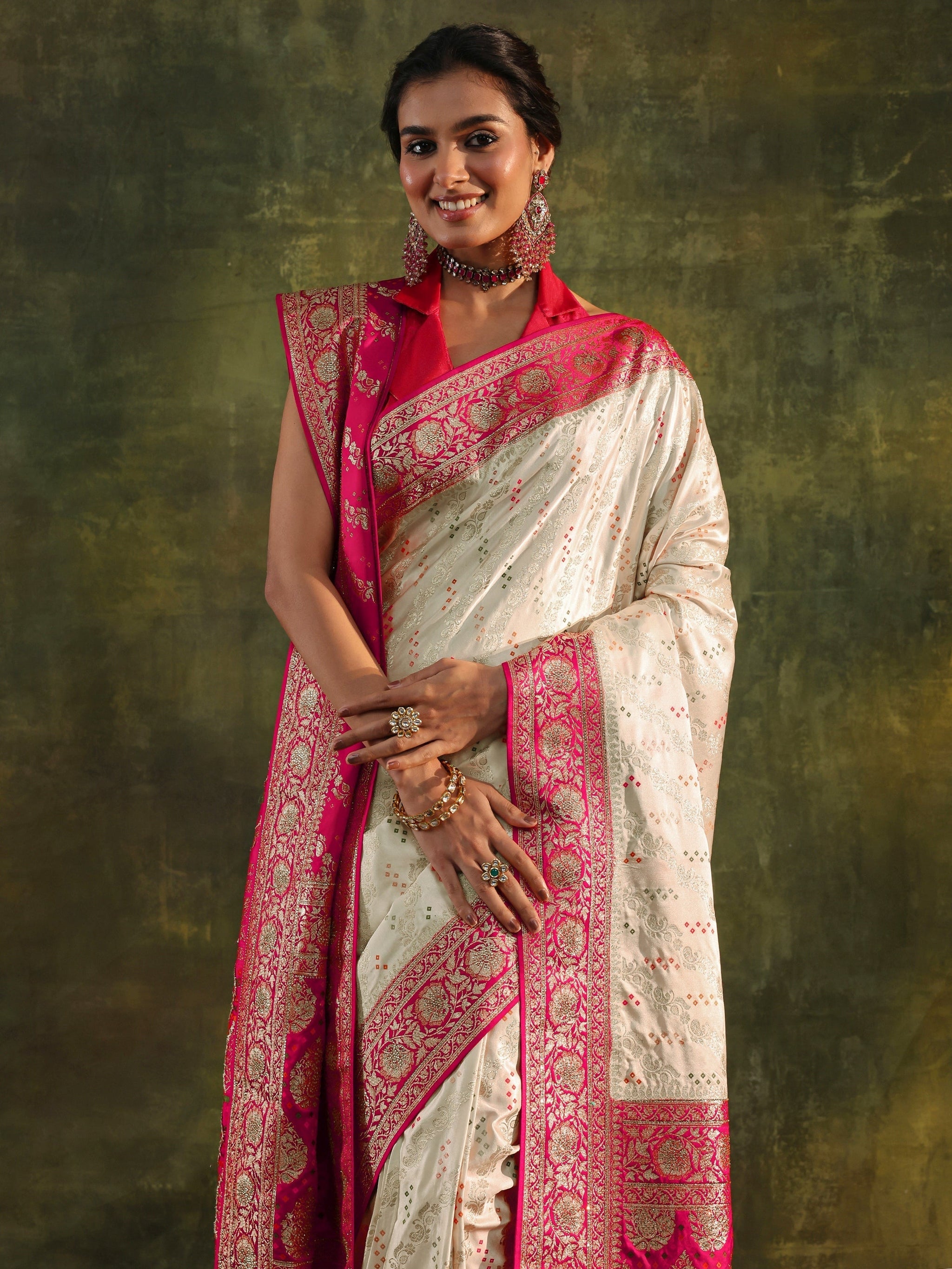 Libas Art Ivory Gharchola Satin Saree With Unstitched Blouse Piece