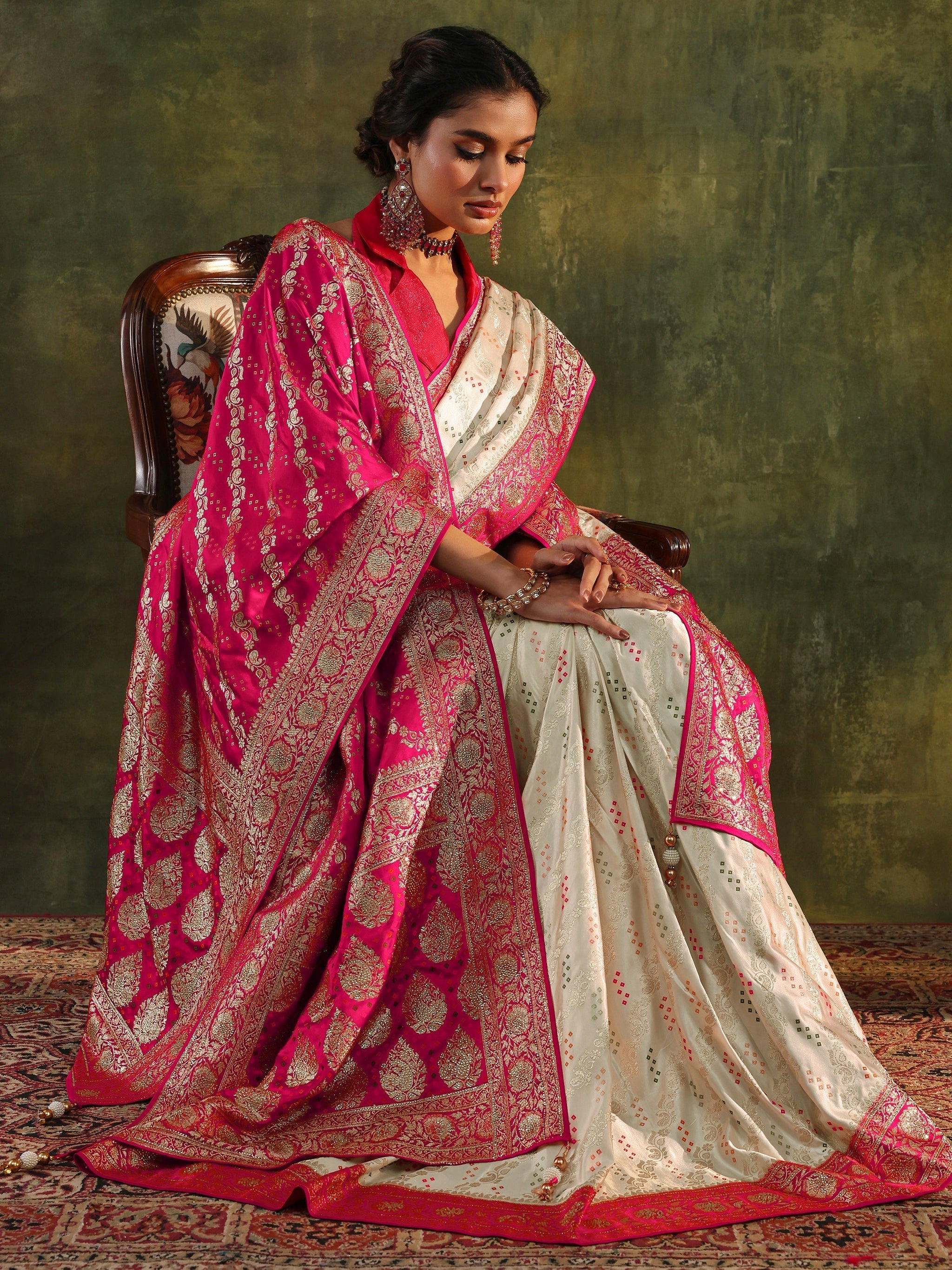 Libas Art Ivory Gharchola Satin Saree With Unstitched Blouse Piece