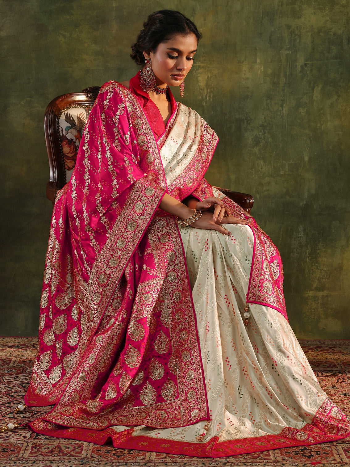 Mameraa Art Ivory Gharchola Satin Saree With Unstitched Blouse Piece