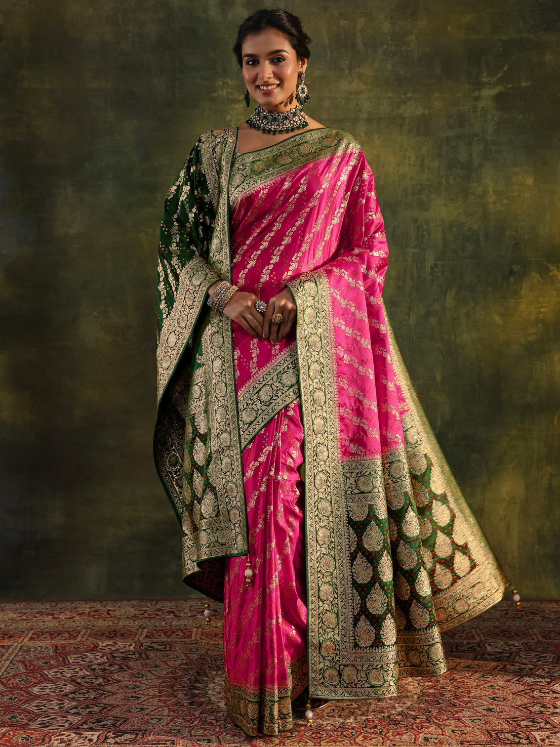 Mameraa Art Pink Gharchola Satin Saree With Unstitched Blouse Piece