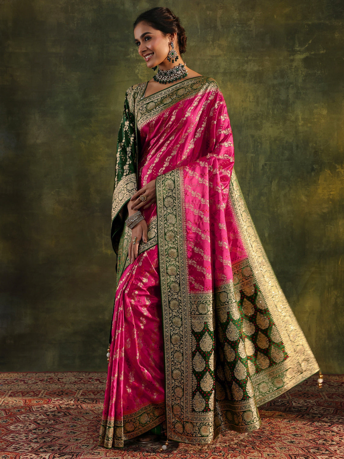 Mameraa Art Pink Gharchola Satin Saree With Unstitched Blouse Piece