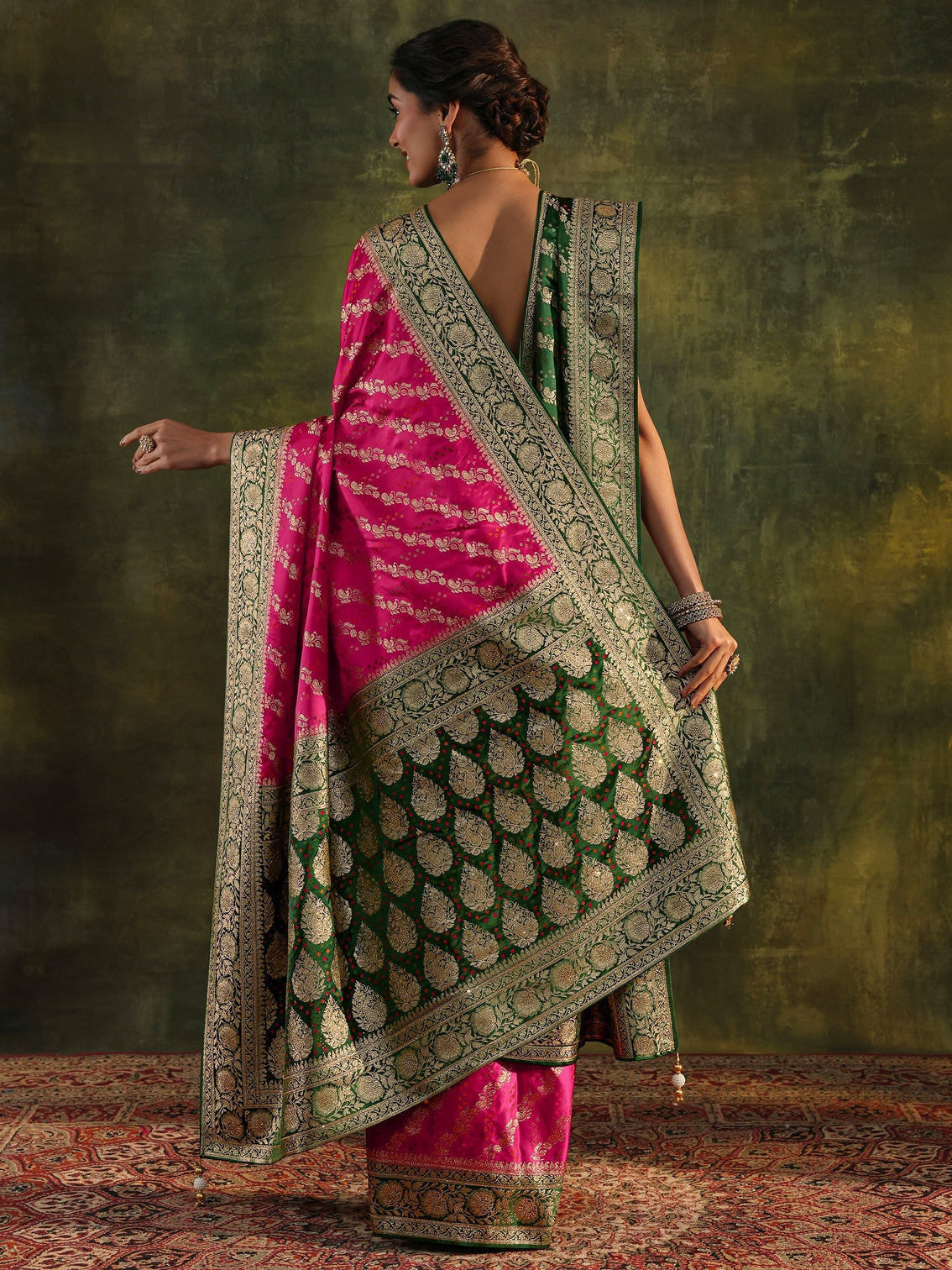 Mameraa Art Pink Gharchola Satin Saree With Unstitched Blouse Piece