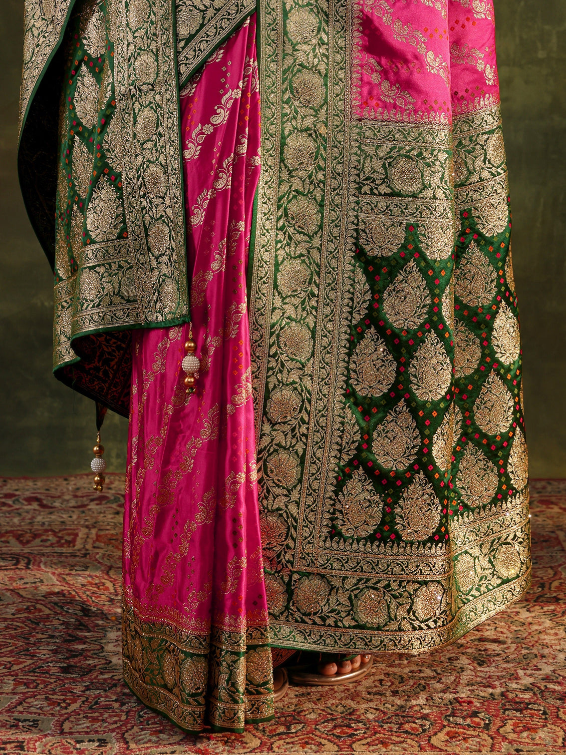 Mameraa Art Pink Gharchola Satin Saree With Unstitched Blouse Piece