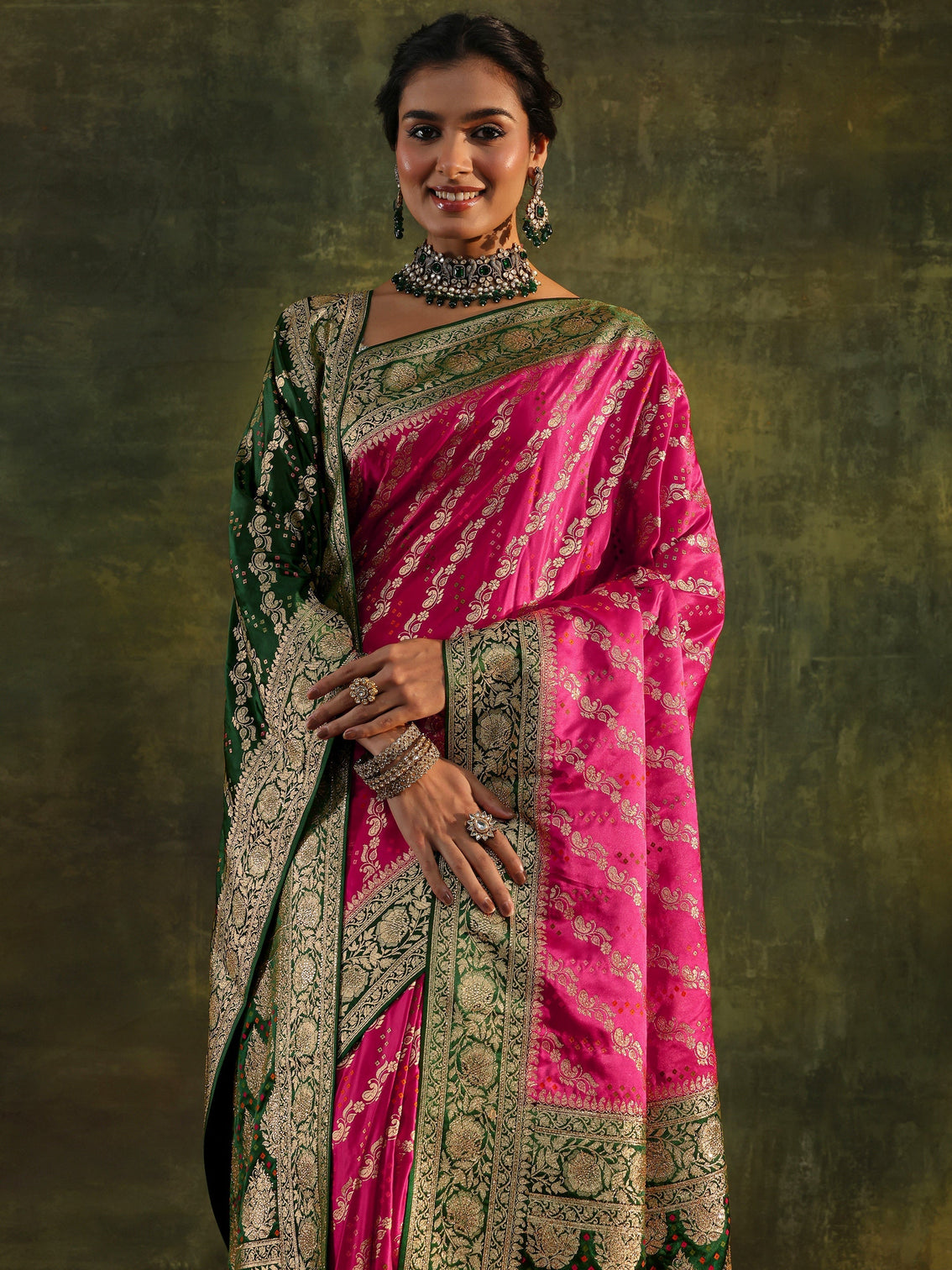 Mameraa Art Pink Gharchola Satin Saree With Unstitched Blouse Piece