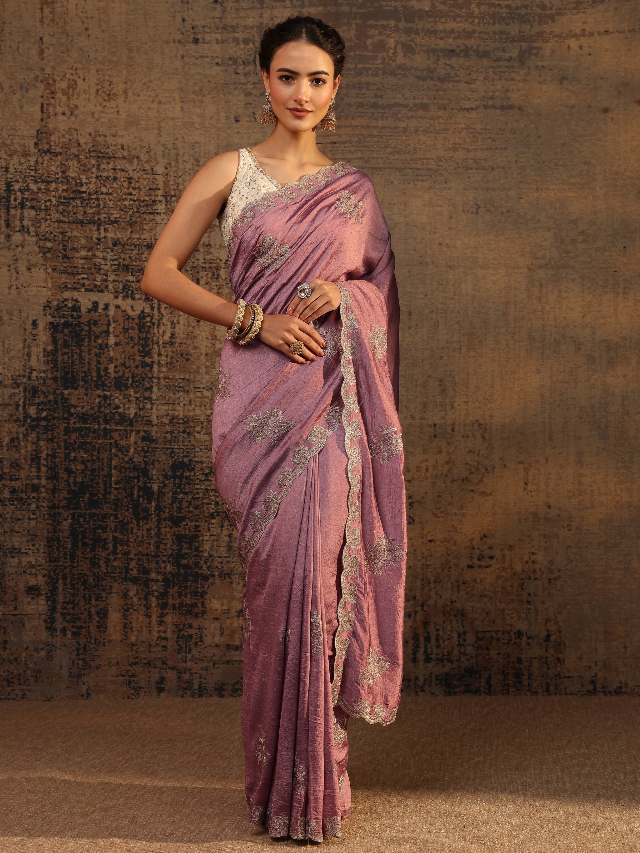 Libas Mauve Floral Embroidered Silk Blend Saree With Unstitched Blouse Piece