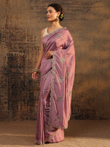 Libas Mauve Floral Embroidered Silk Blend Saree With Unstitched Blouse Piece